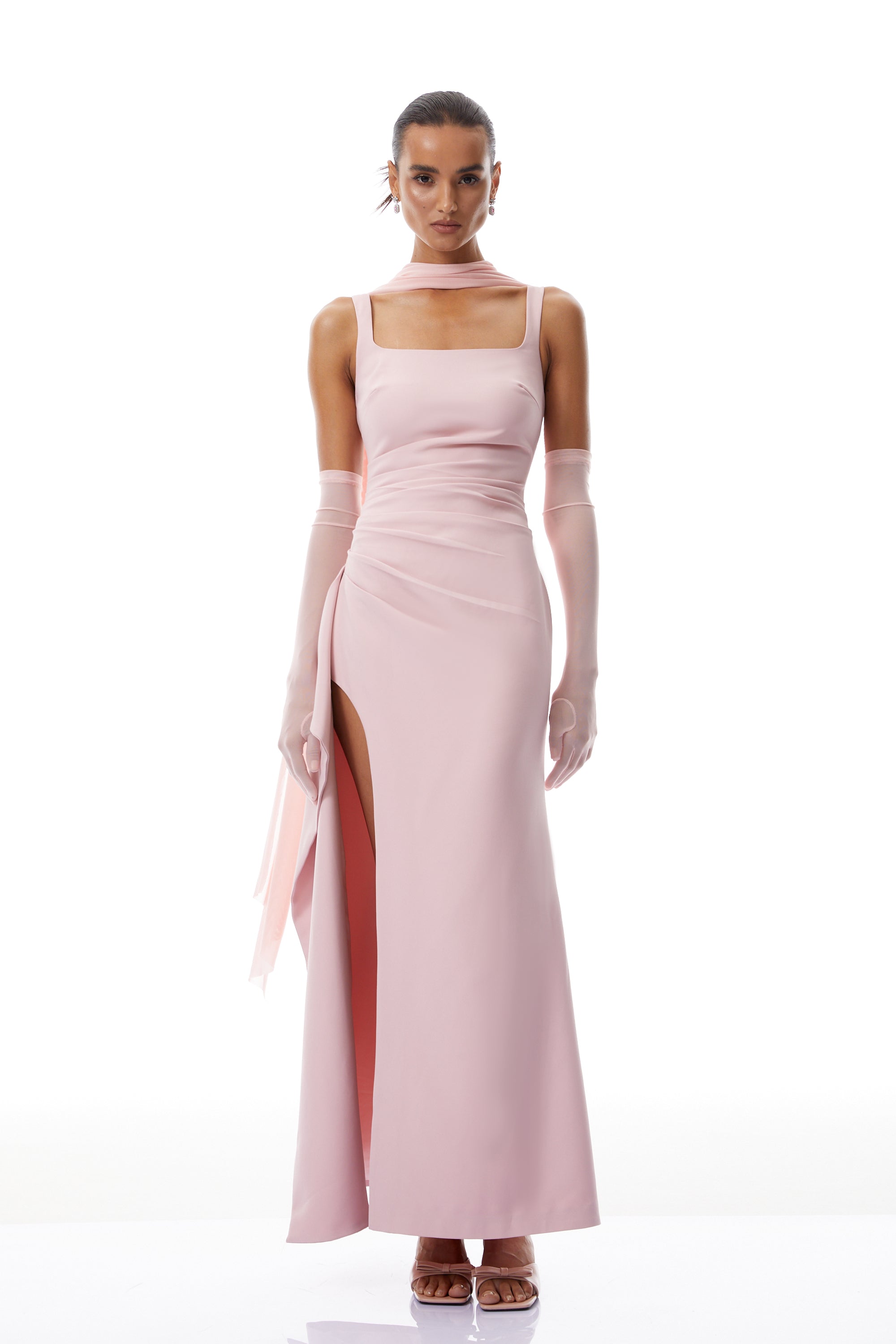 Ophélie Pink Scarf Detail Gathered Maxi Dress