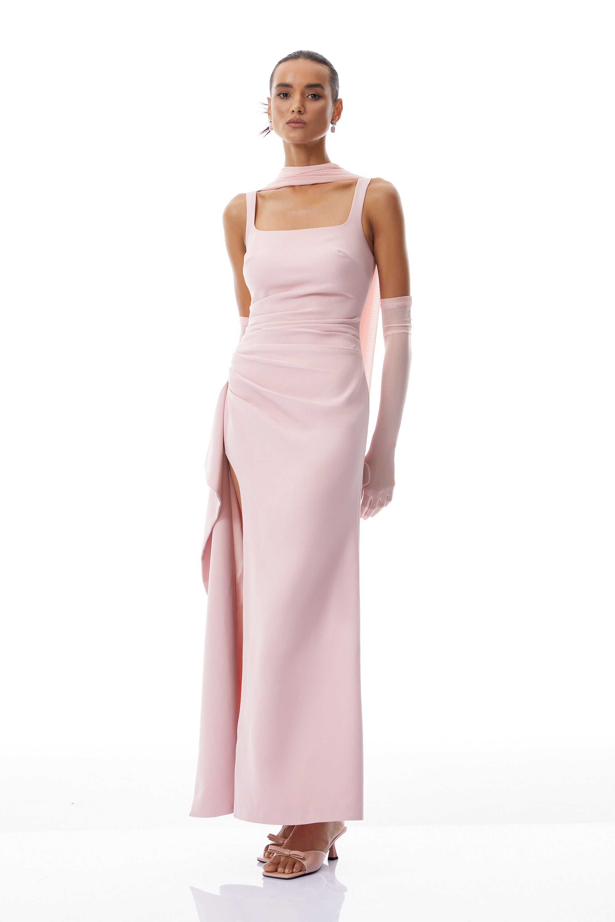 Ophélie Pink Scarf Detail Gathered Maxi Dress