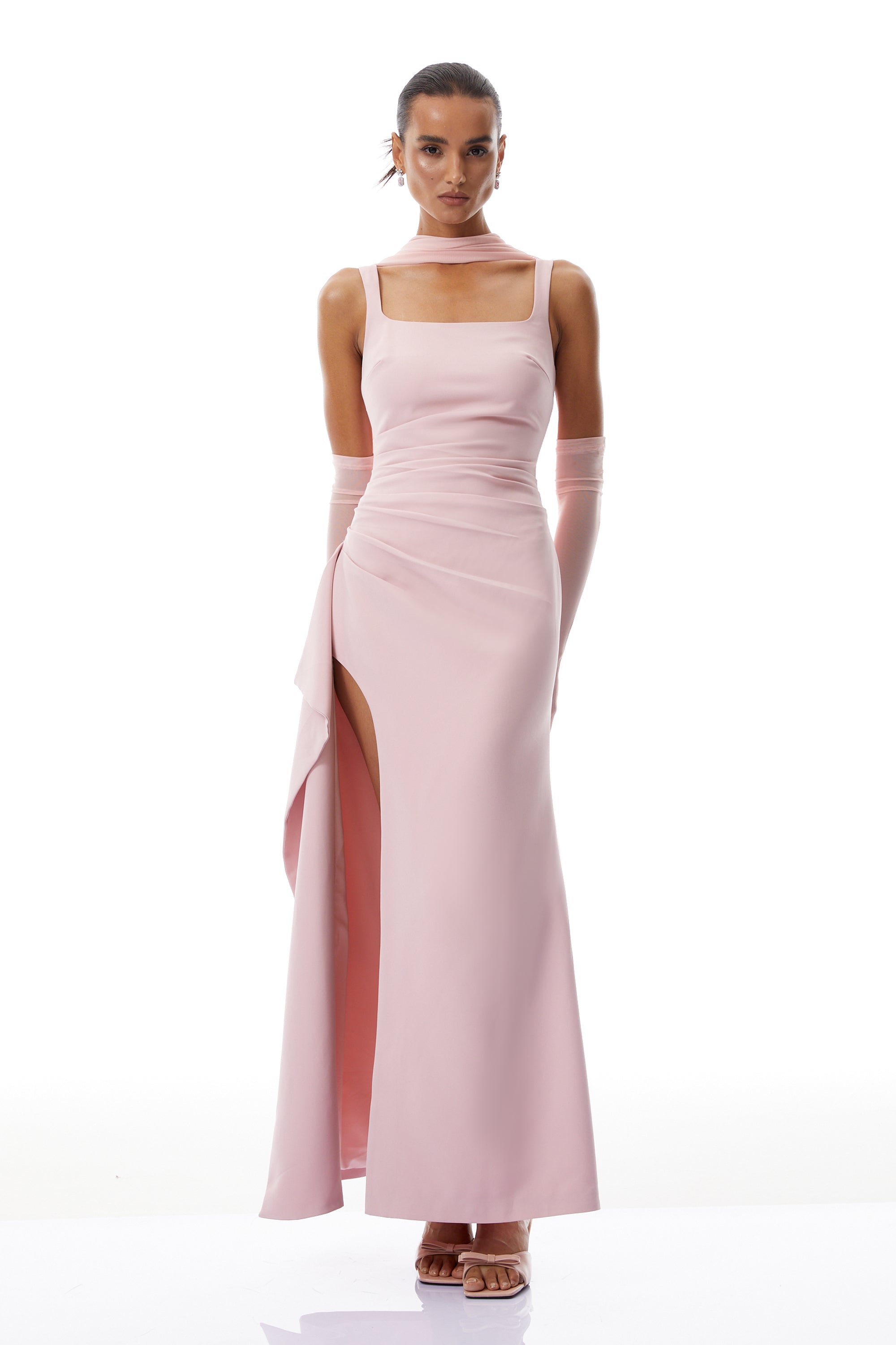 Ophélie Pink Scarf Detail Gathered Maxi Dress