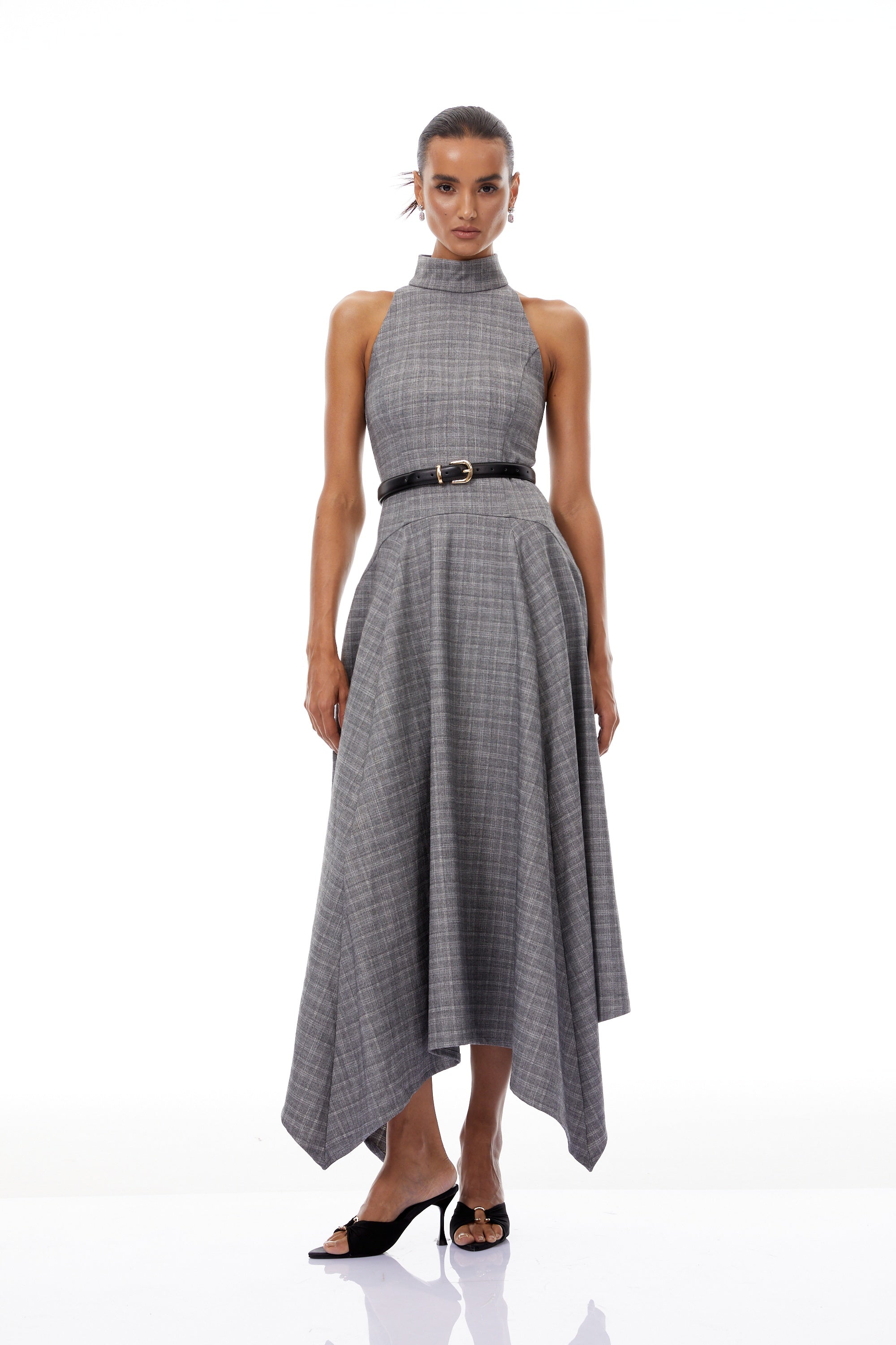 فستان ويلهمينا متوسط الطول من التويد باللون الرمادي المخطط (بدون حزام)