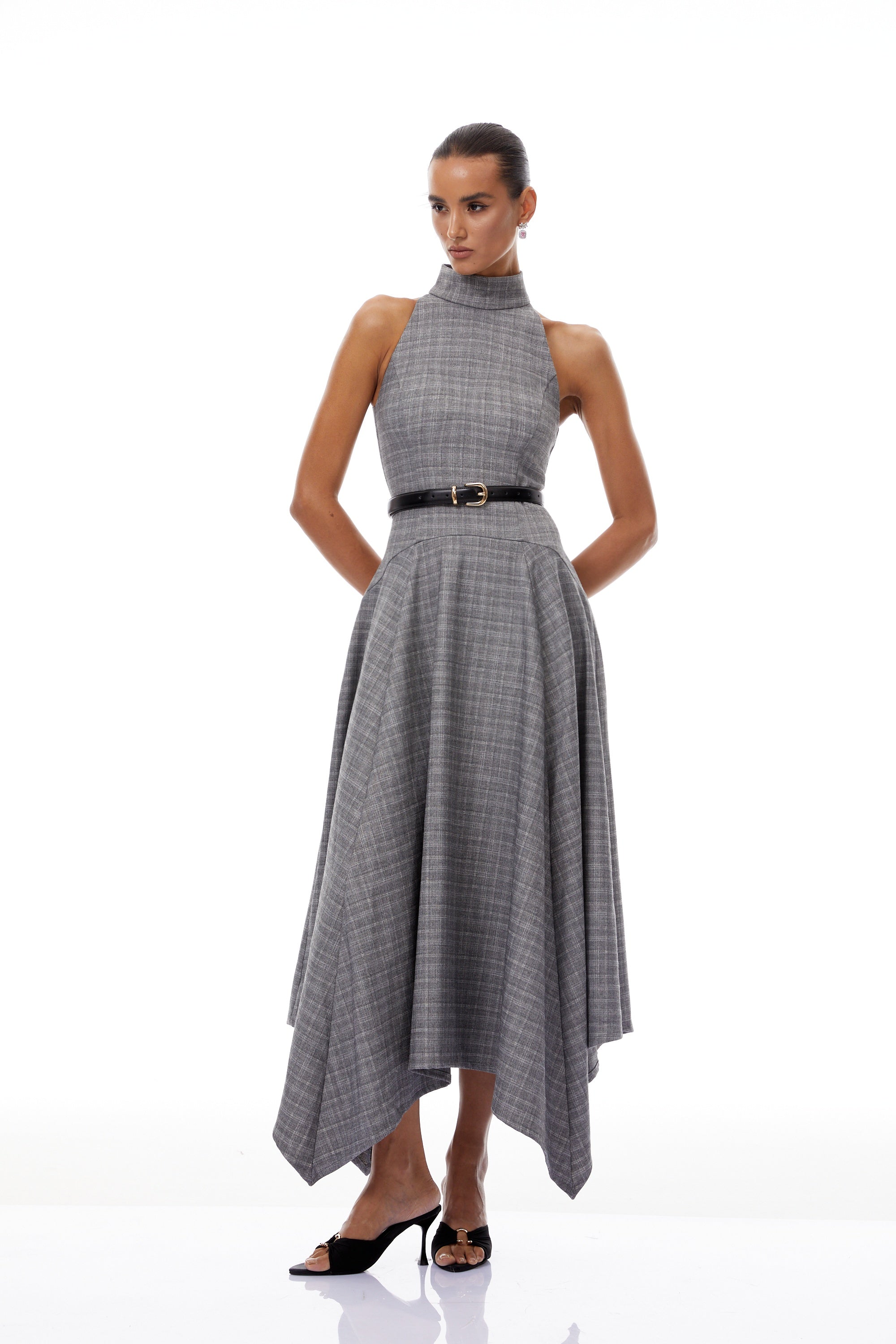 فستان ويلهمينا متوسط الطول من التويد باللون الرمادي المخطط (بدون حزام)