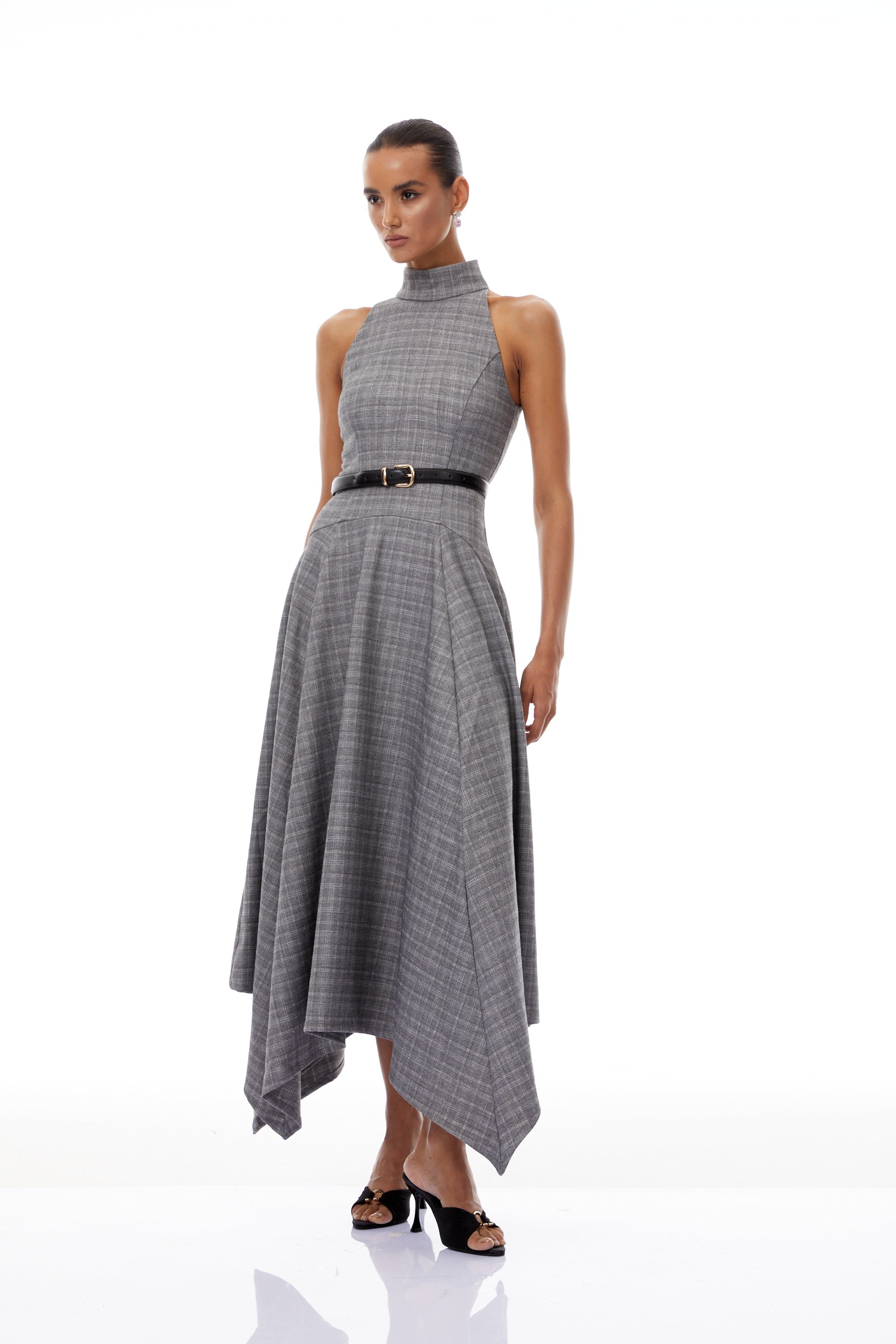 فستان ويلهمينا متوسط الطول من التويد باللون الرمادي المخطط (بدون حزام)