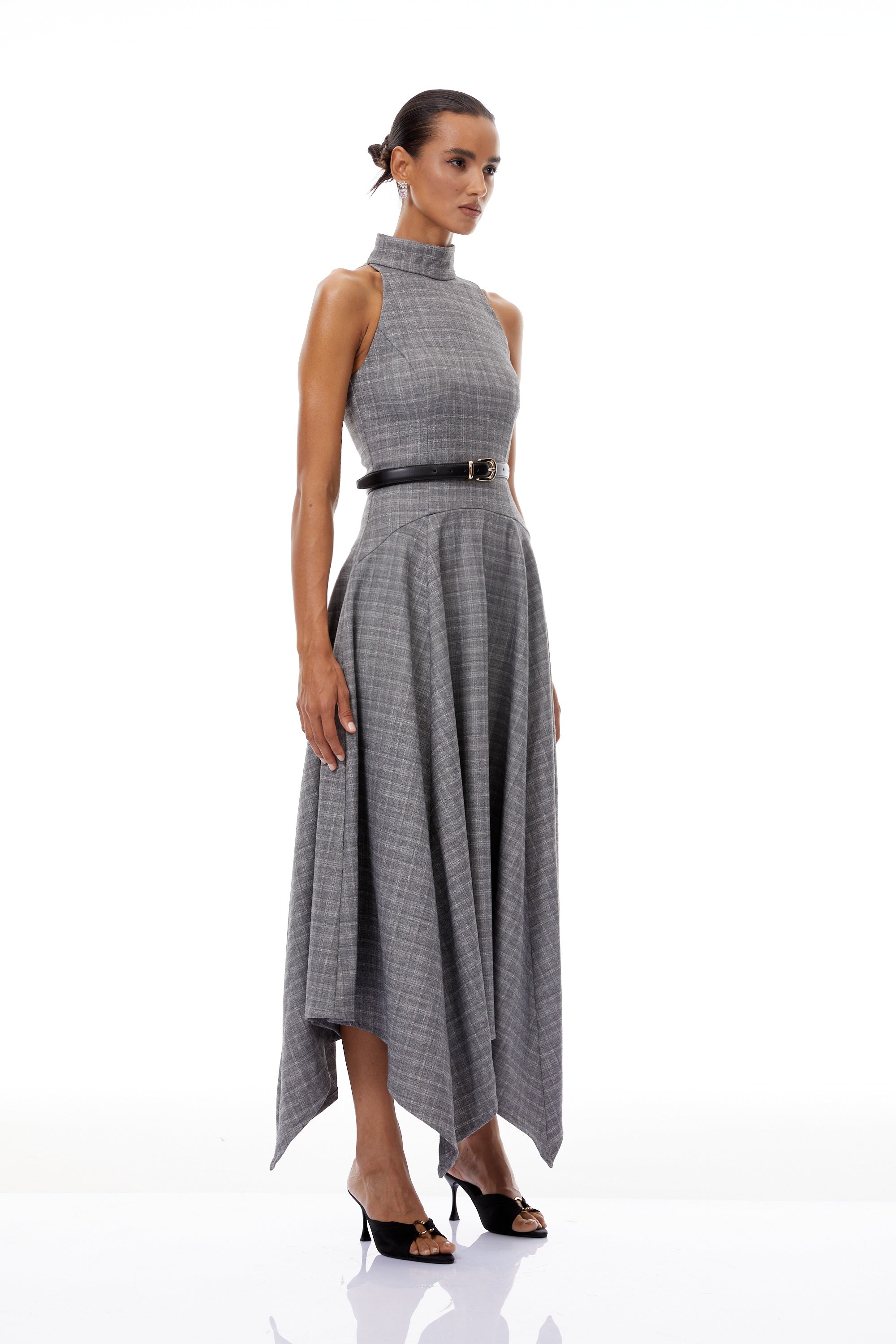 فستان ويلهمينا متوسط الطول من التويد باللون الرمادي المخطط (بدون حزام)