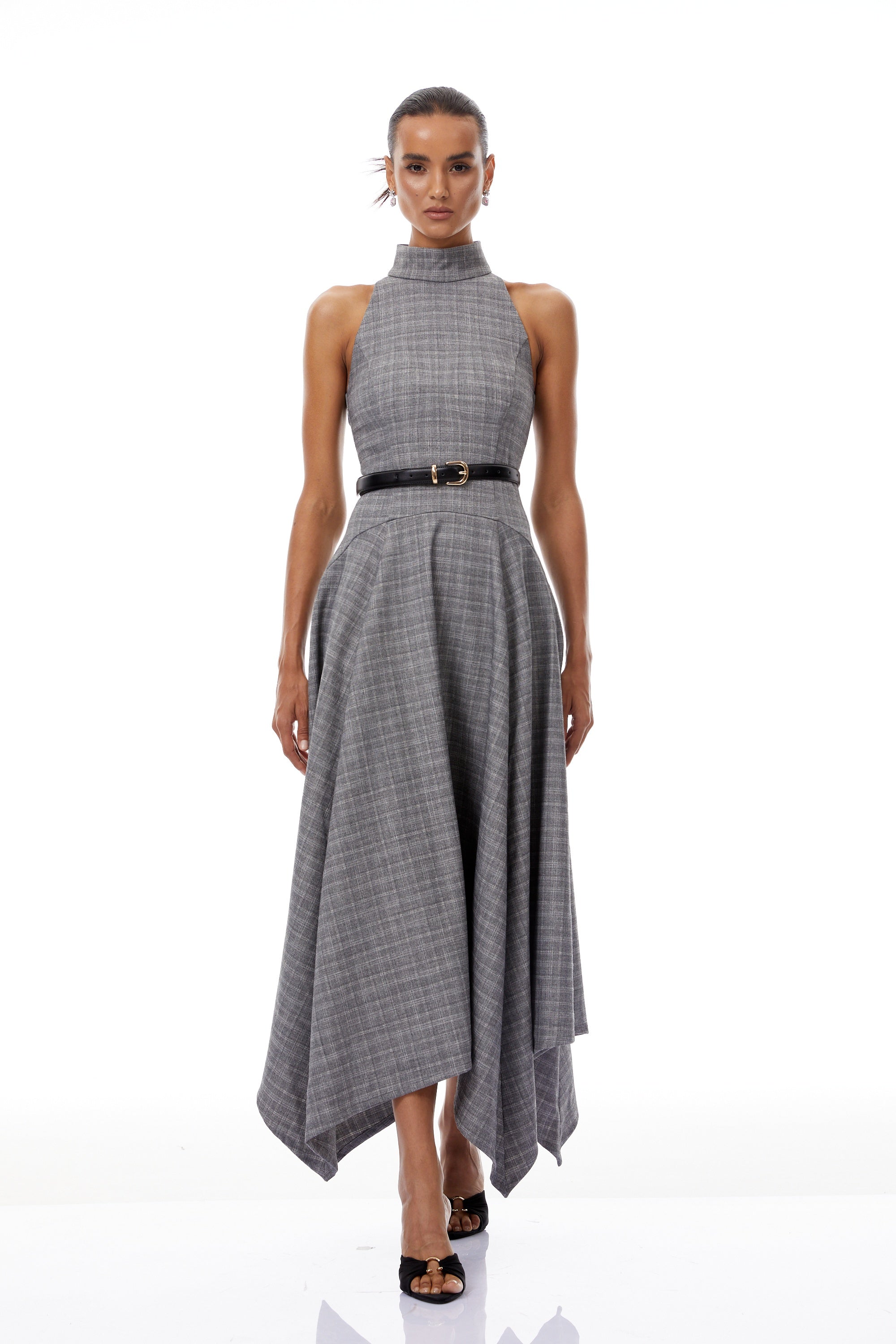 فستان ويلهمينا متوسط الطول من التويد باللون الرمادي المخطط (بدون حزام)