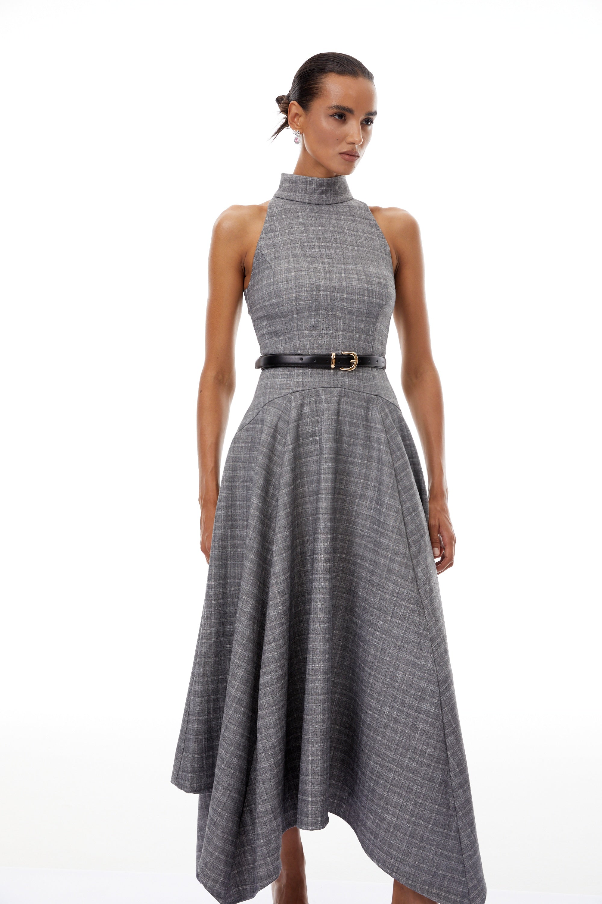 فستان ويلهمينا متوسط الطول من التويد باللون الرمادي المخطط (بدون حزام)