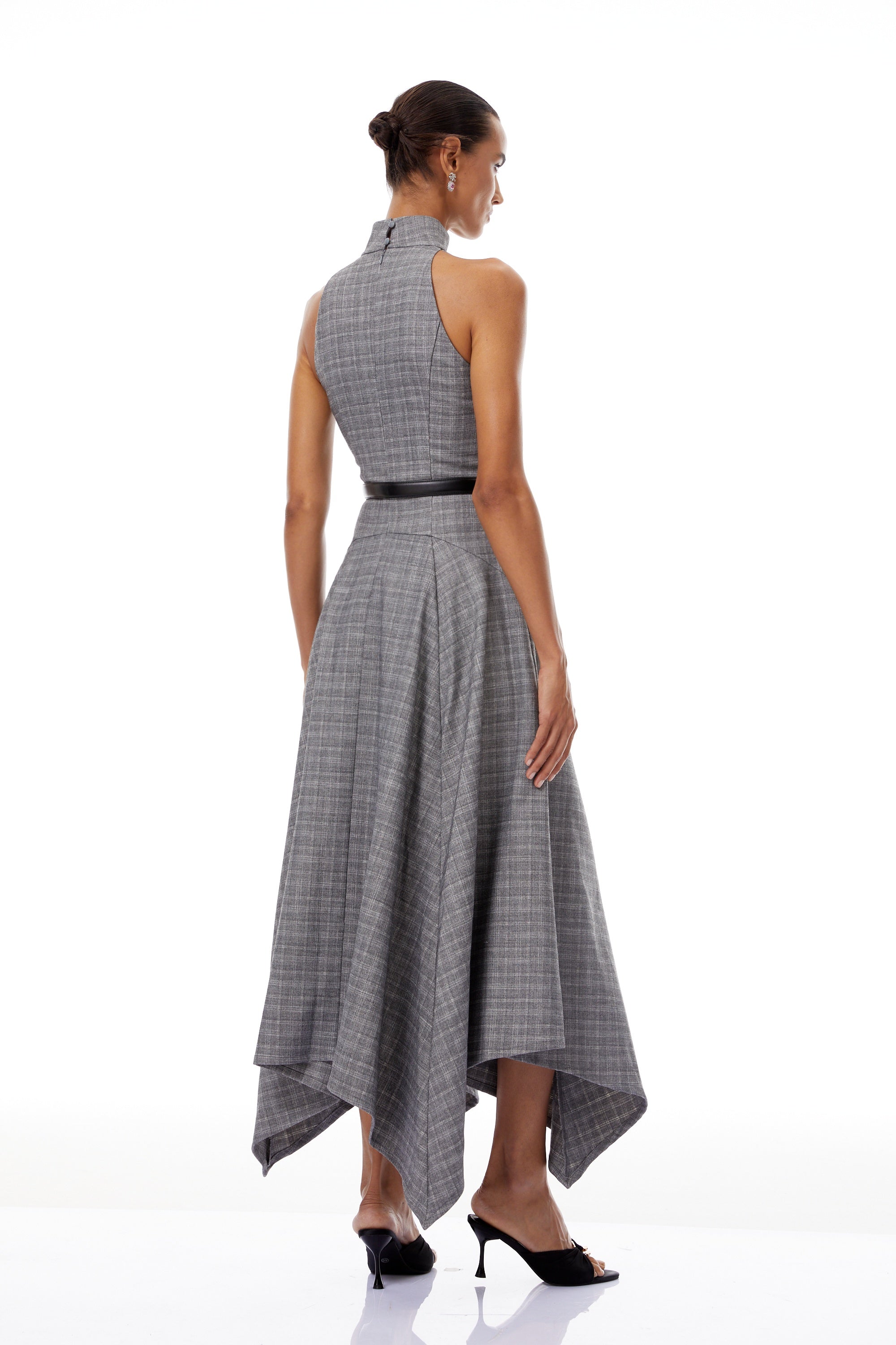 فستان ويلهمينا متوسط الطول من التويد باللون الرمادي المخطط (بدون حزام)