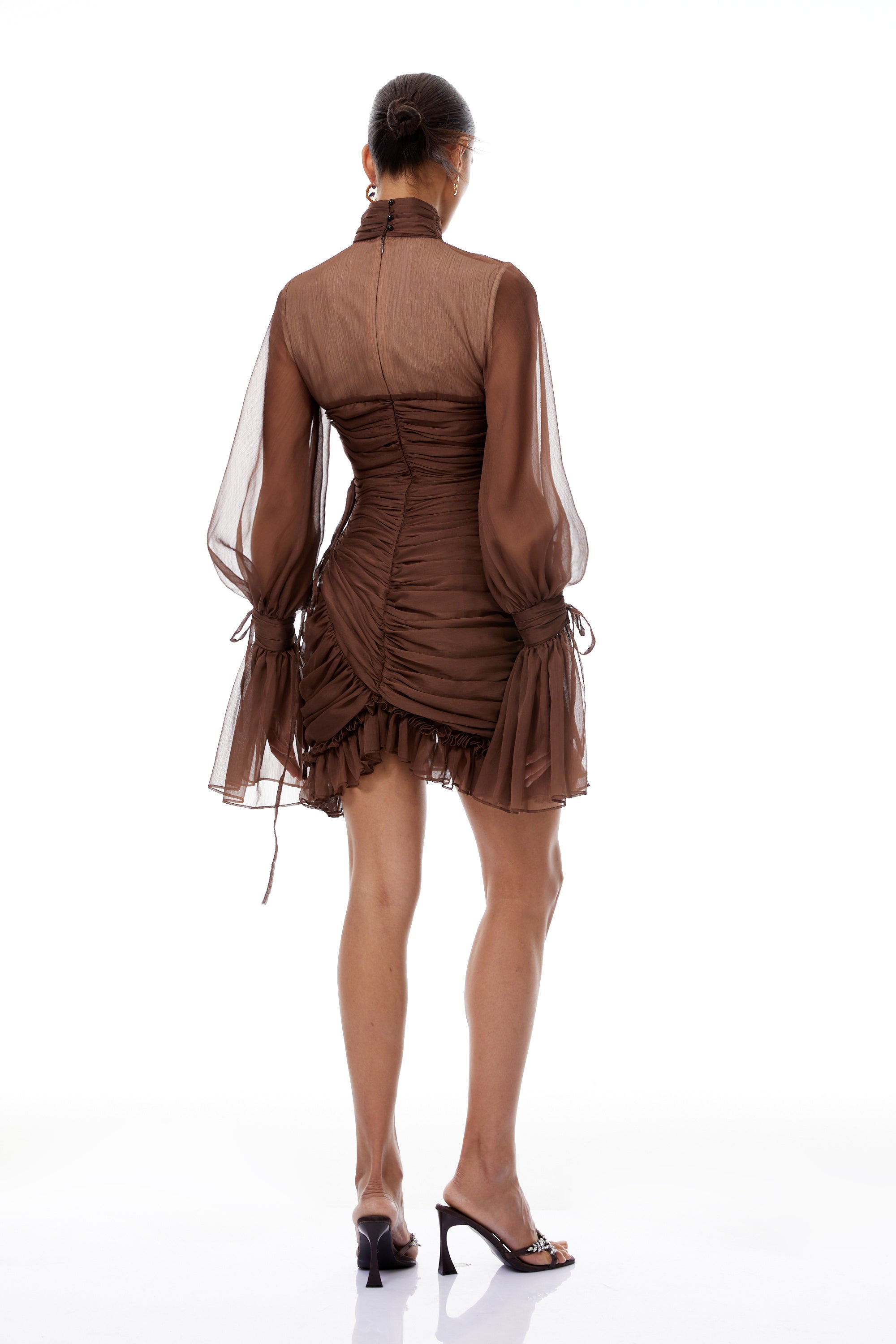 Jade Brown Ruched Tulle Mini Dress