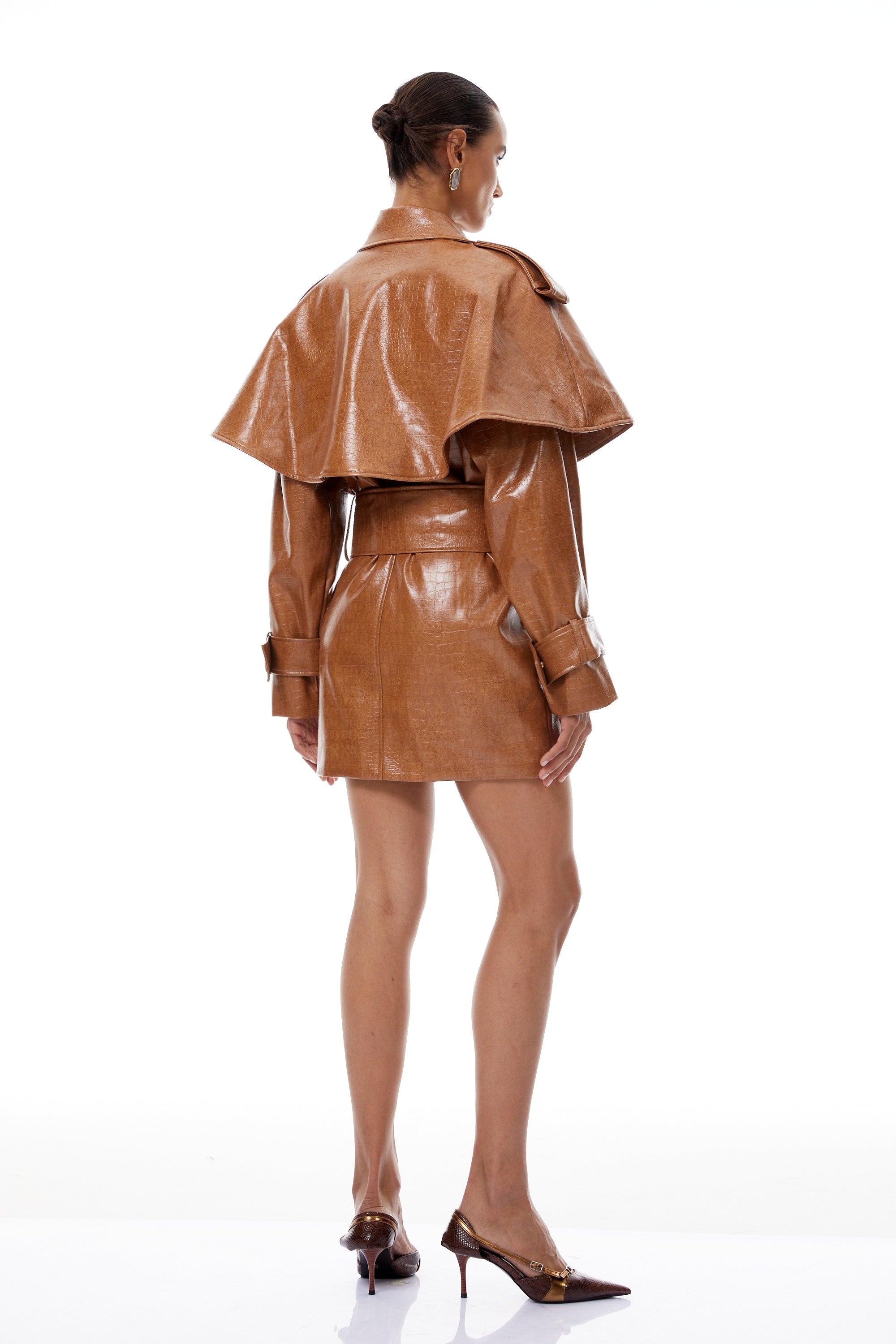 Lisette Caramel Textured Leather Trench Coat