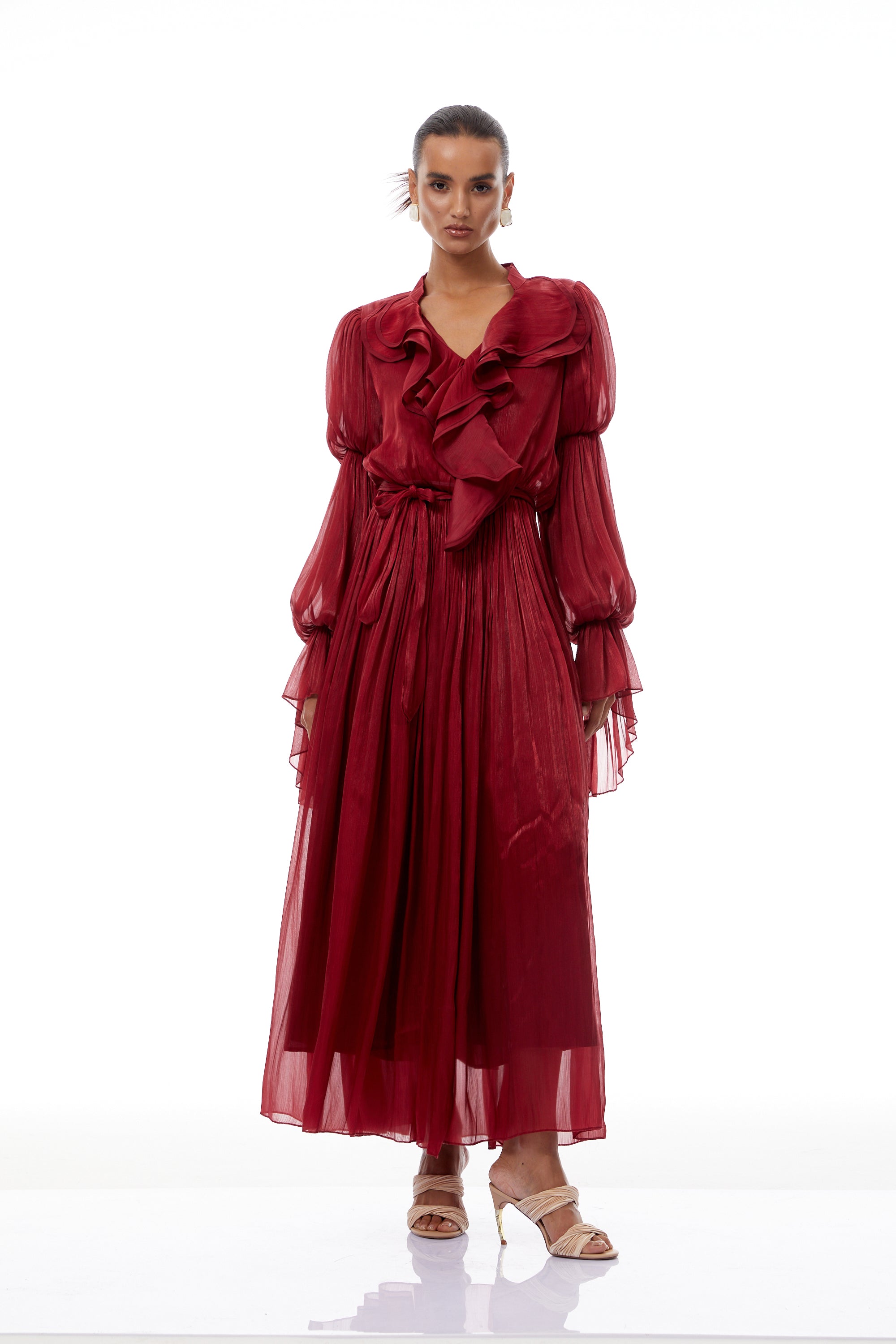 Ophélie Red Glossy Ruffled Pleated Maxi Dress