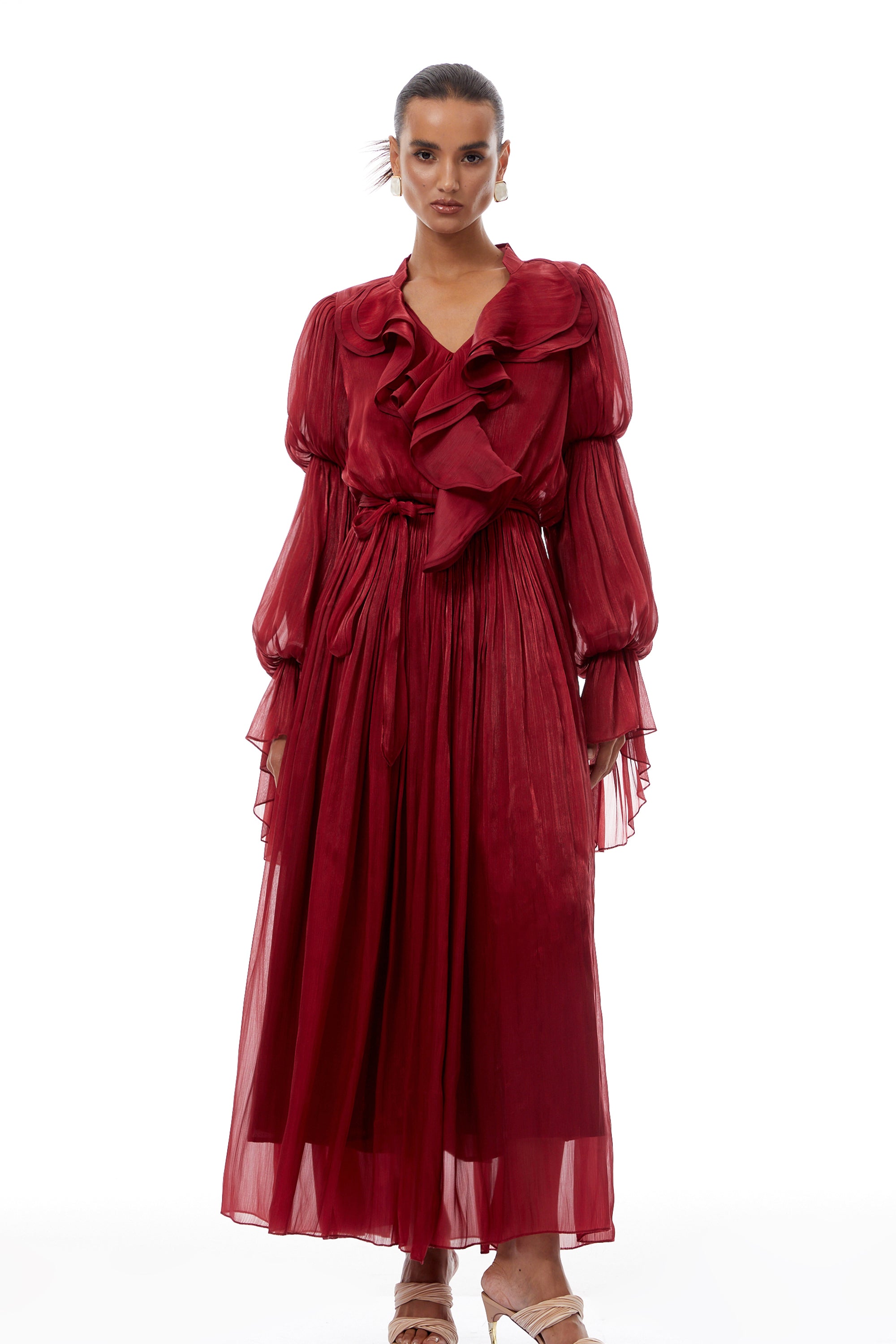 Ophélie Red Glossy Ruffled Pleated Maxi Dress