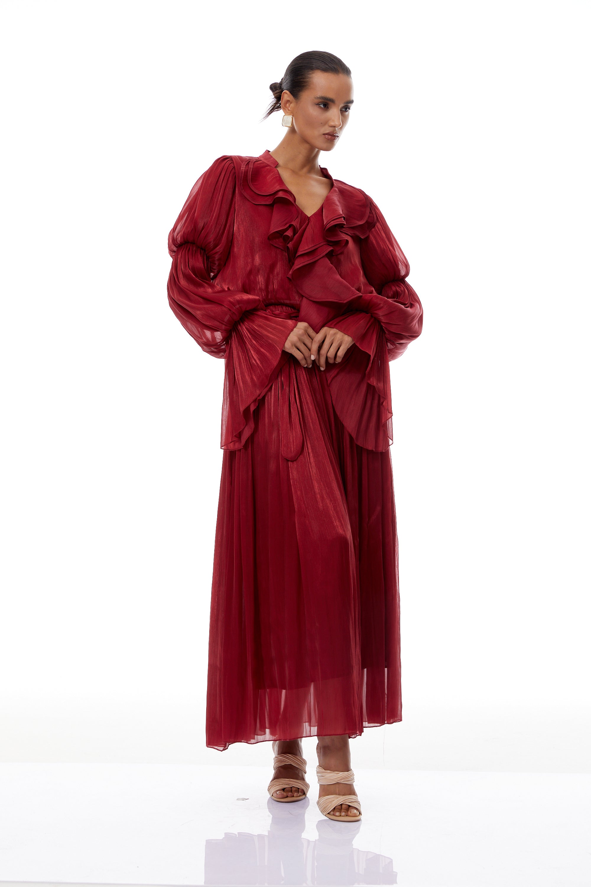 Ophélie Red Glossy Ruffled Pleated Maxi Dress