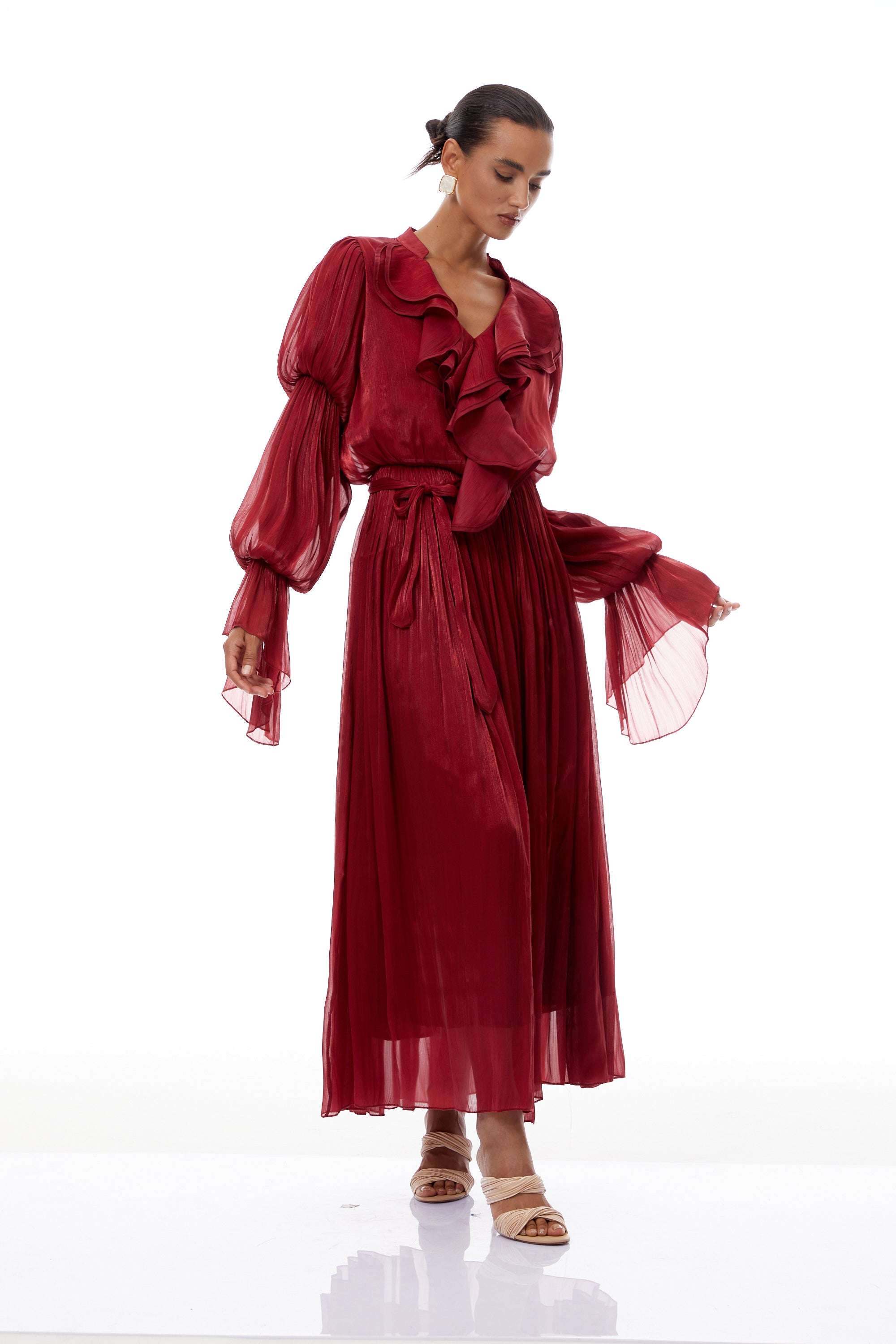 Ophélie Red Glossy Ruffled Pleated Maxi Dress