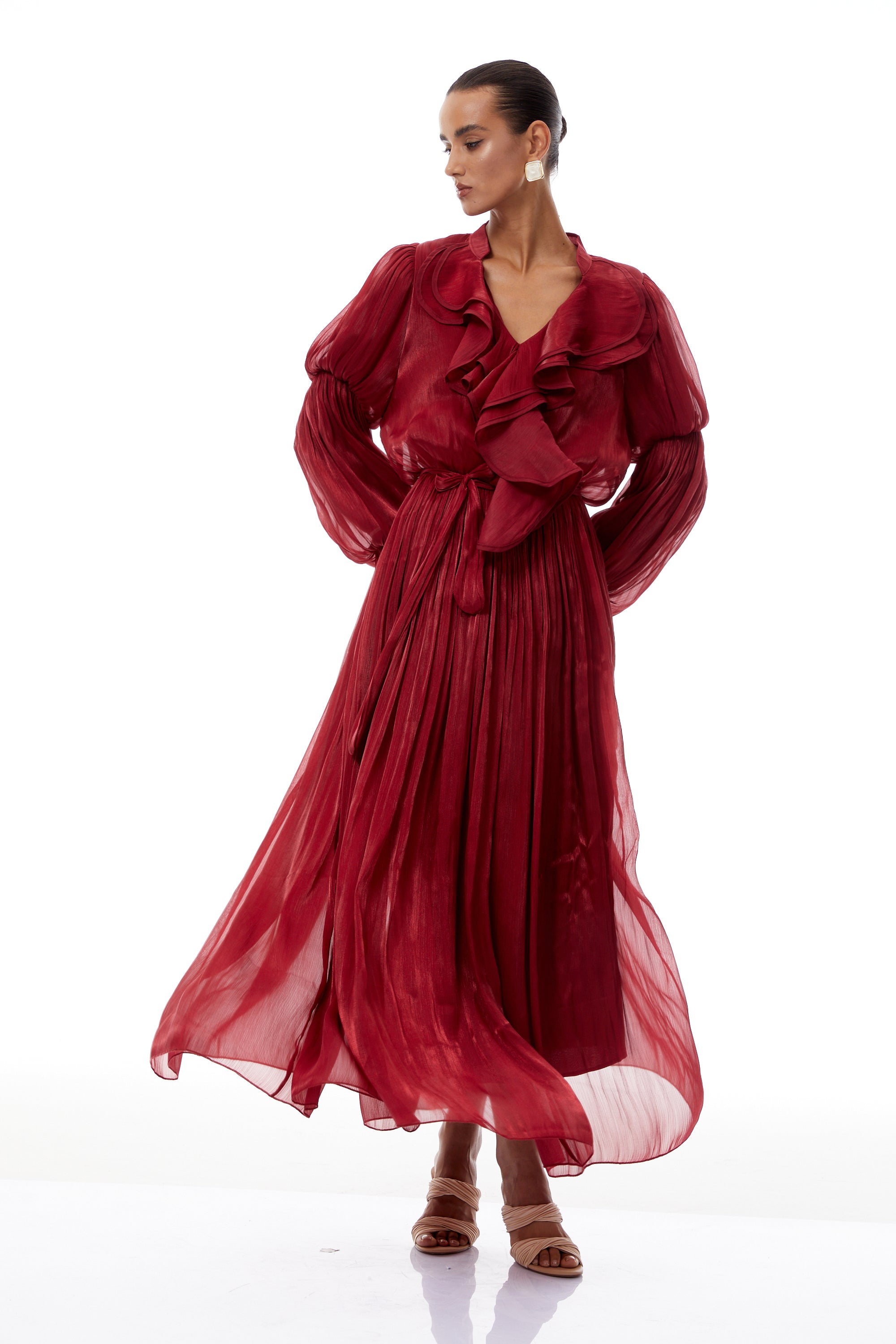 Ophélie Red Glossy Ruffled Pleated Maxi Dress