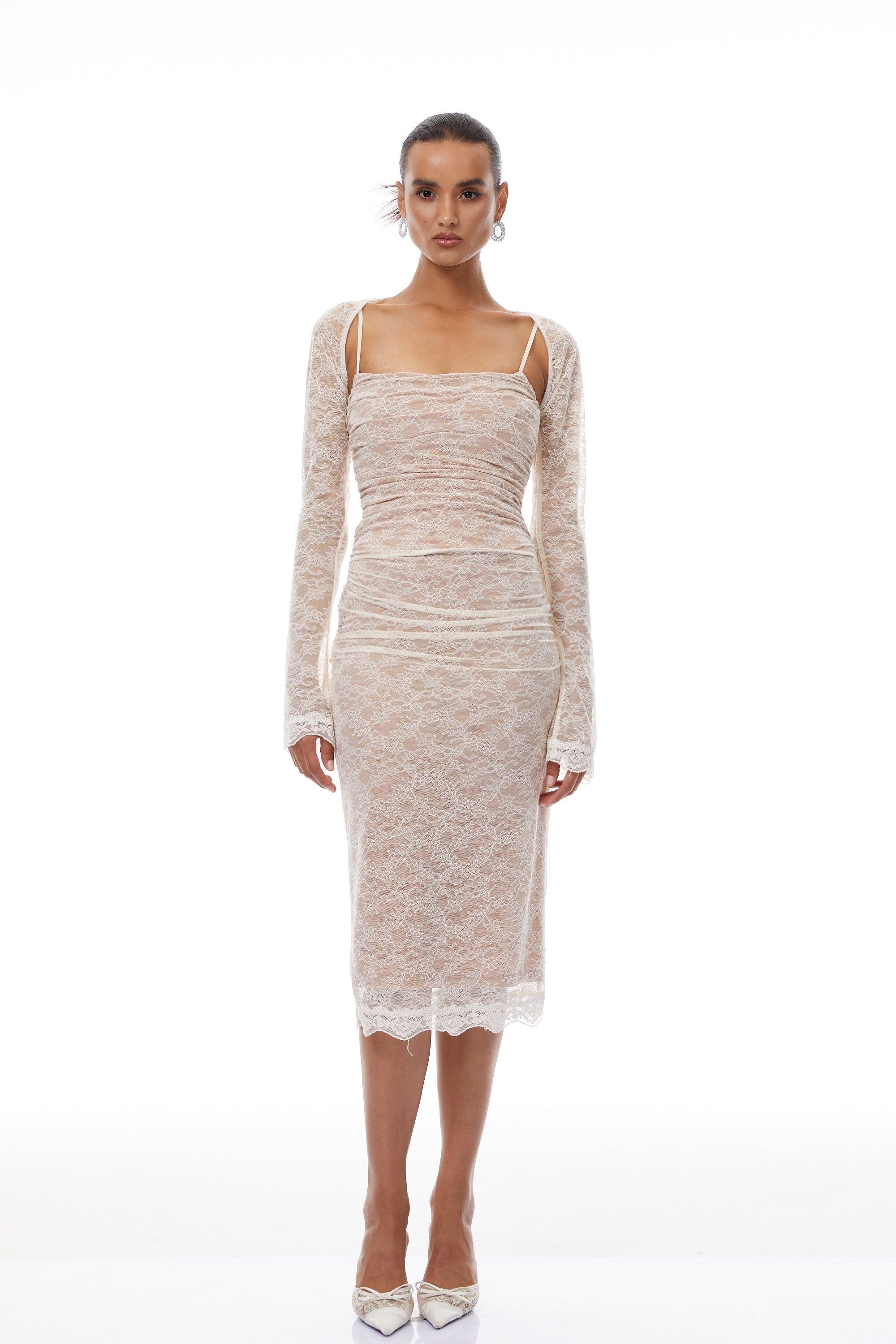 Valérie Neutral Floral Lace Ruched Shawl & Dress Set