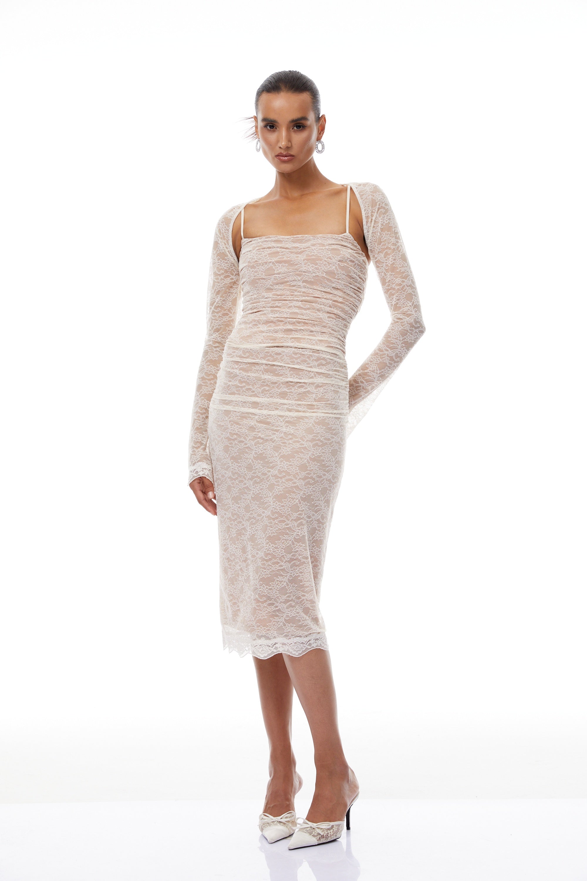Valérie Neutral Floral Lace Ruched Shawl & Dress Set