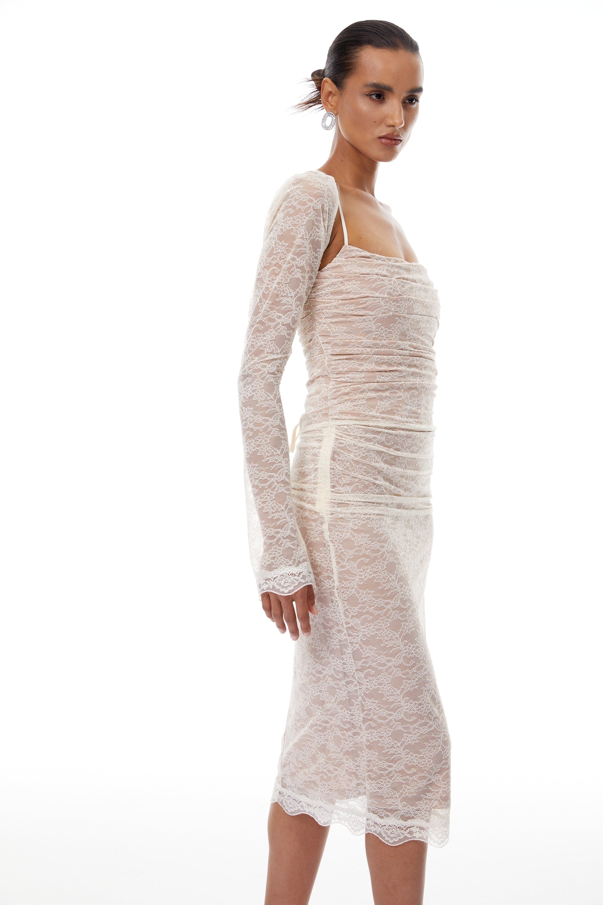 Valérie Neutral Floral Lace Ruched Shawl & Dress Set