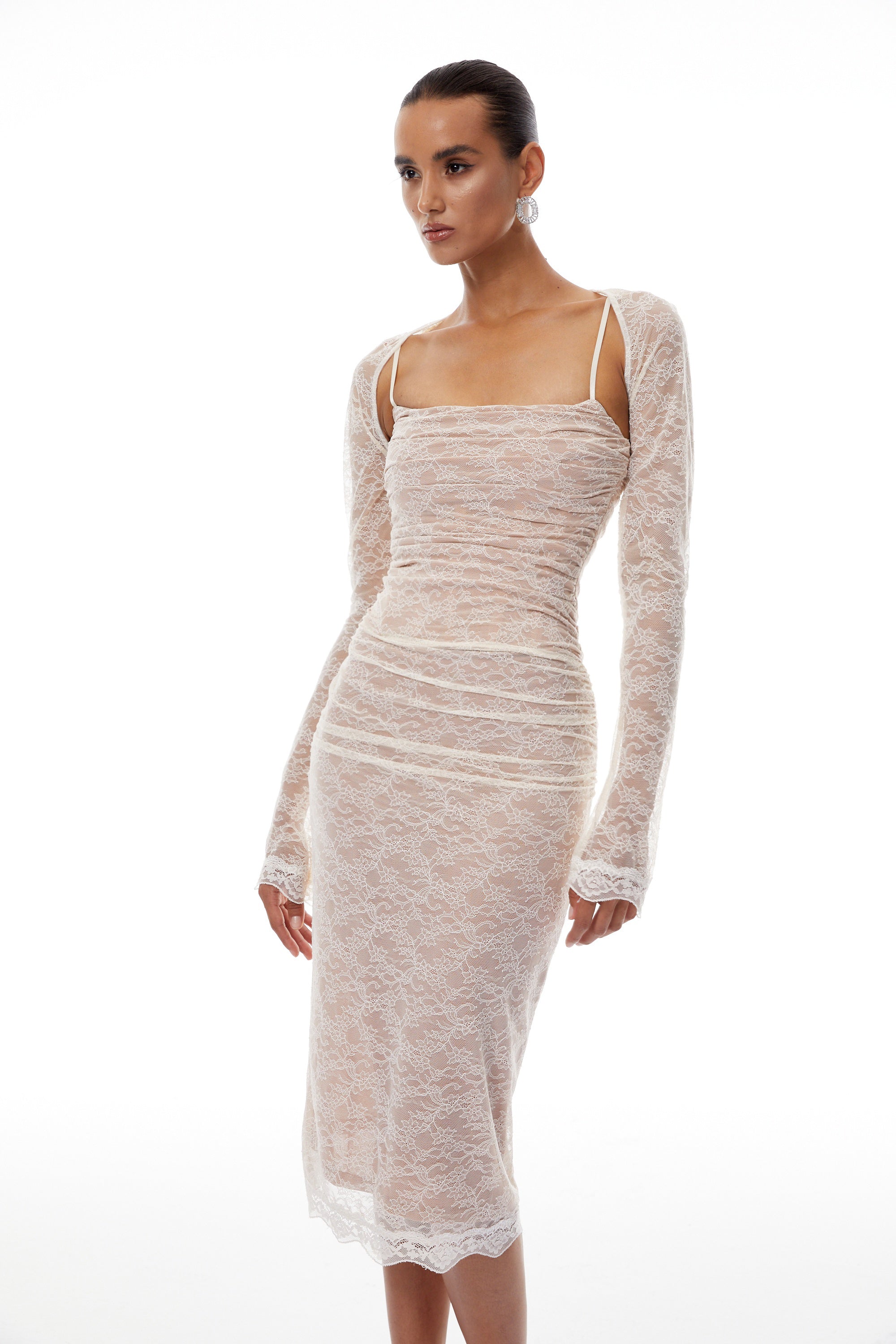 Valérie Neutral Floral Lace Ruched Shawl & Dress Set