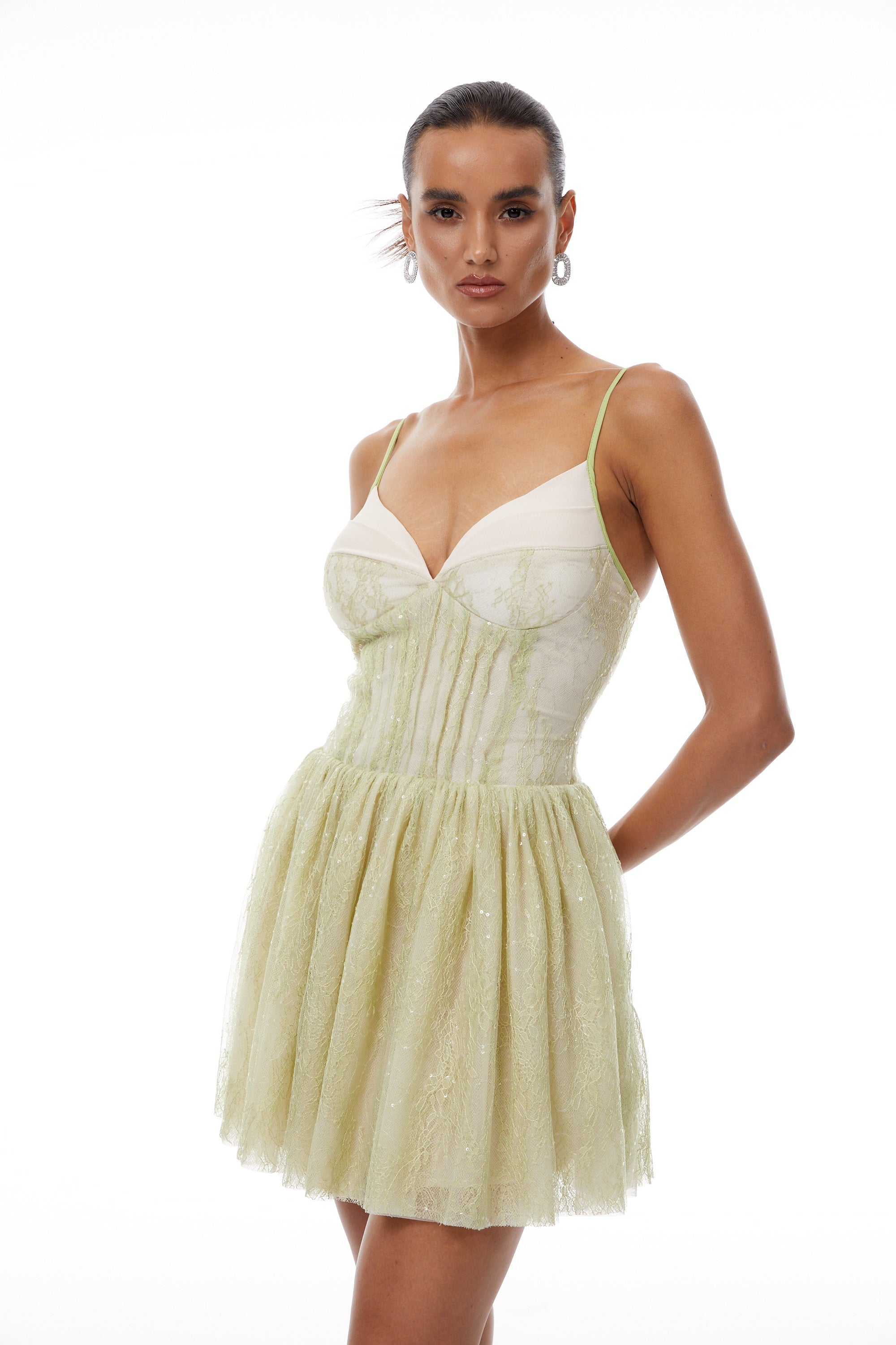 Lilou Grün Paillettenbesetztes Blumenmuster-Spitzenminikleid