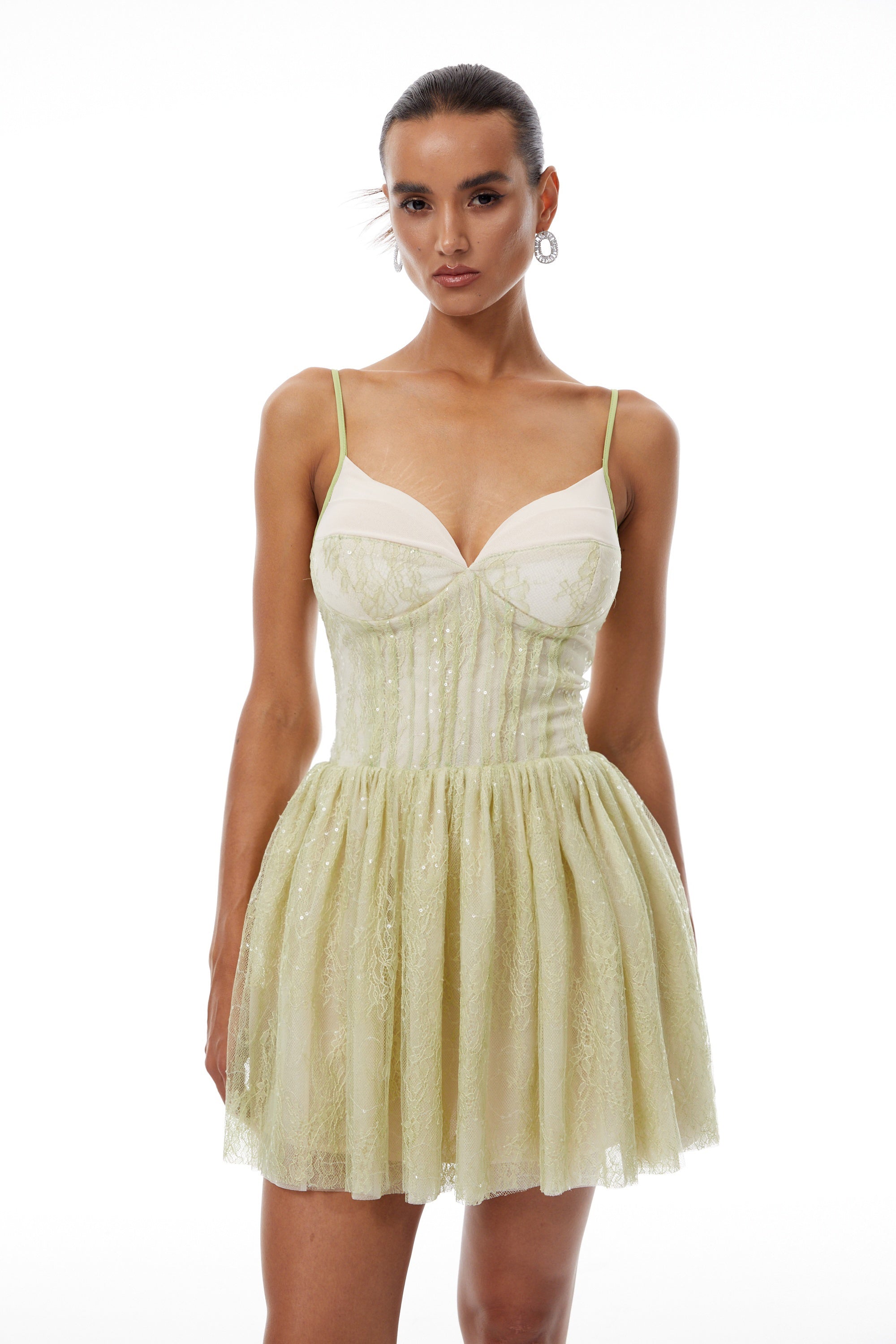 Lilou Grün Paillettenbesetztes Blumenmuster-Spitzenminikleid