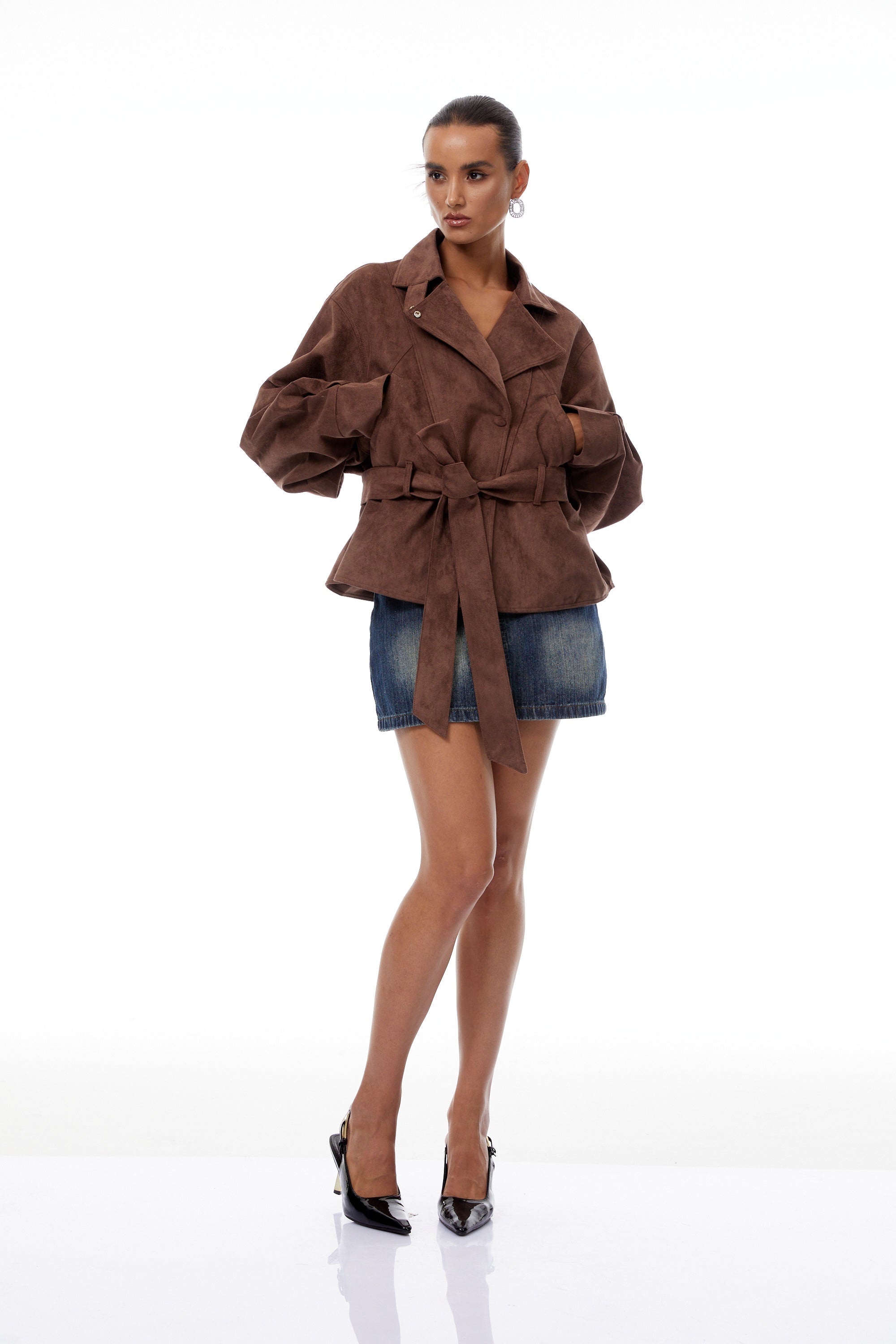 جاكيت راكب الدراجة الجلد المدبوغ بحزام بني من أفيلين