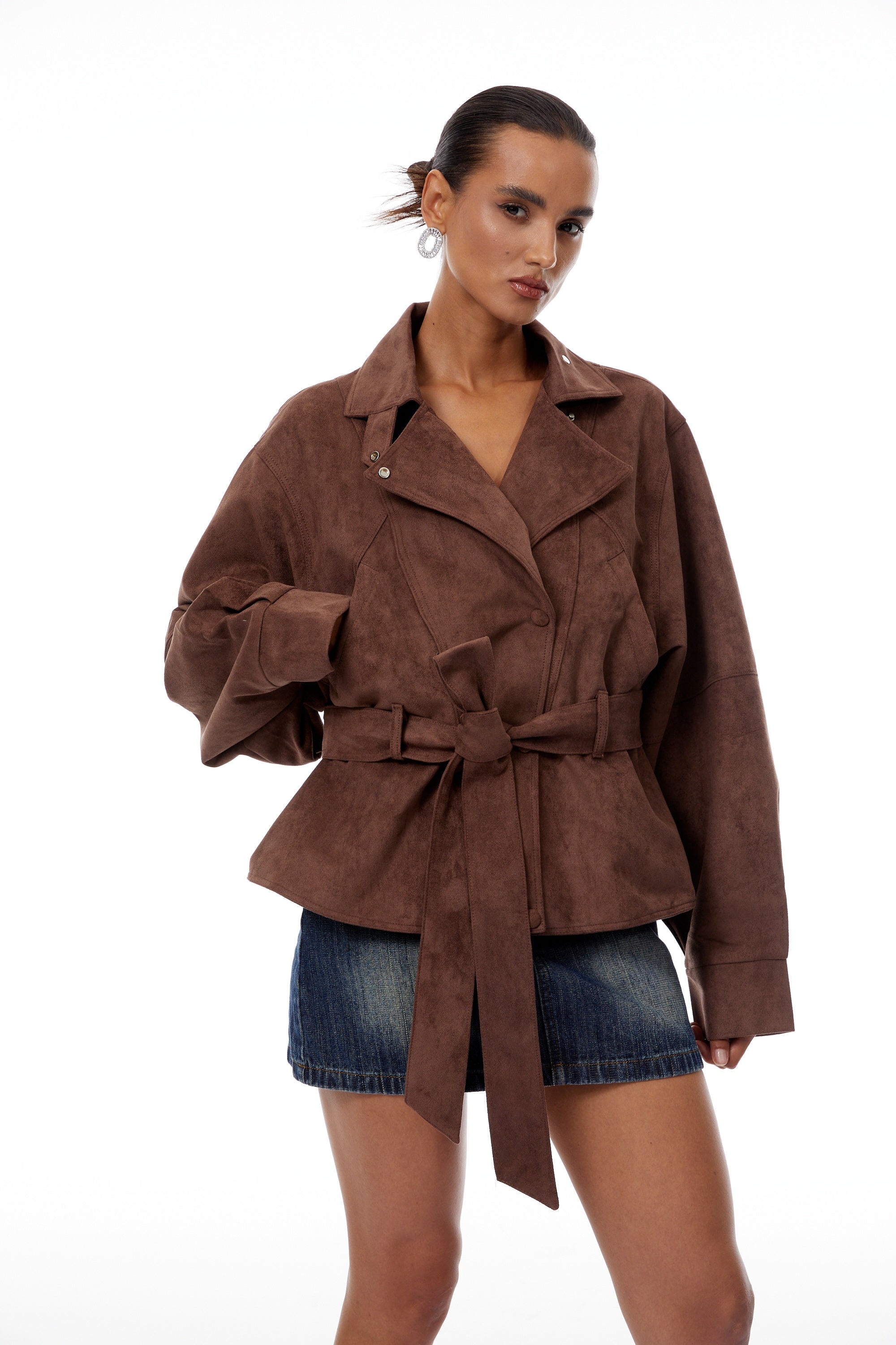 جاكيت راكب الدراجة الجلد المدبوغ بحزام بني من أفيلين