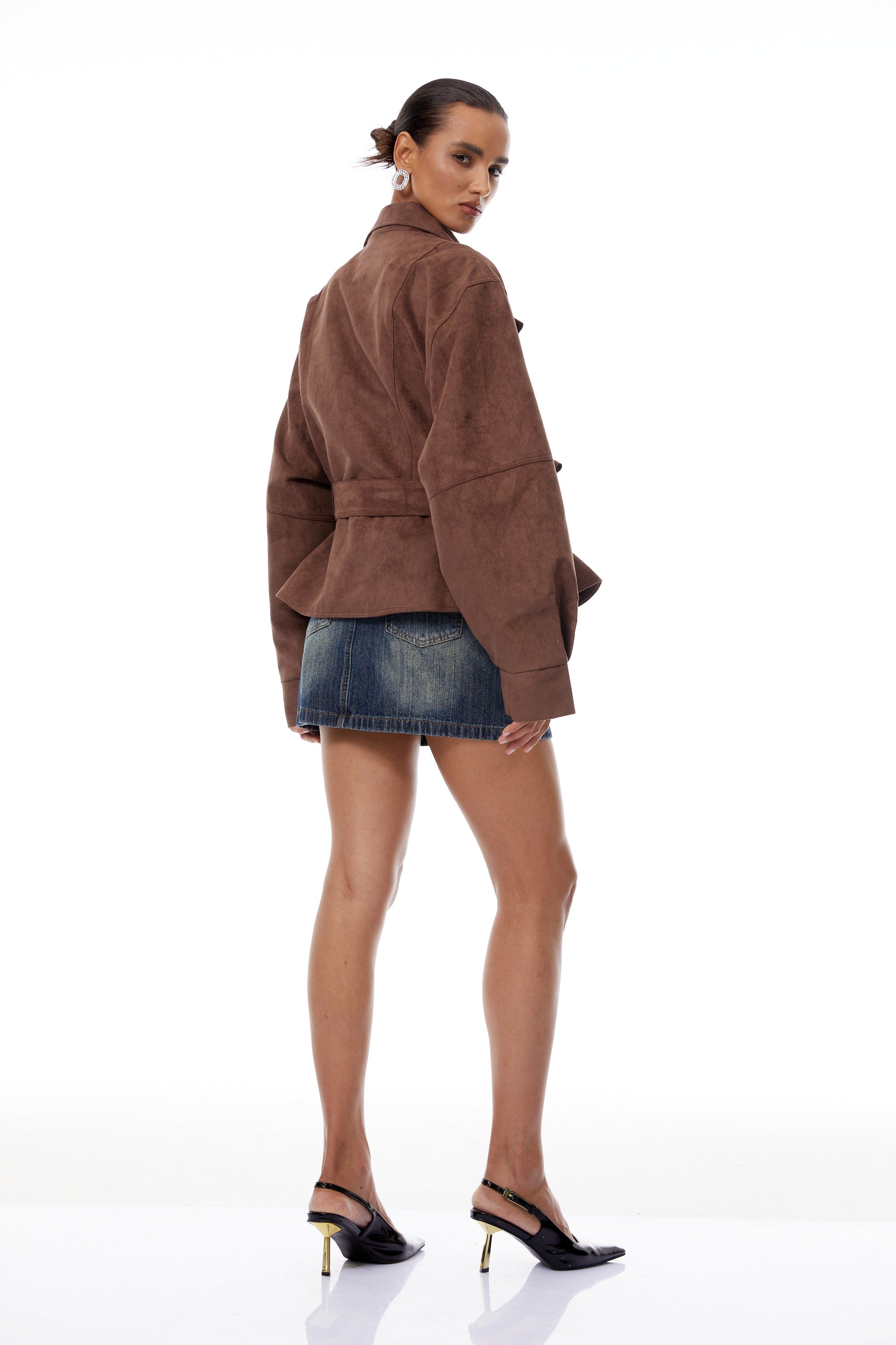 جاكيت راكب الدراجة الجلد المدبوغ بحزام بني من أفيلين