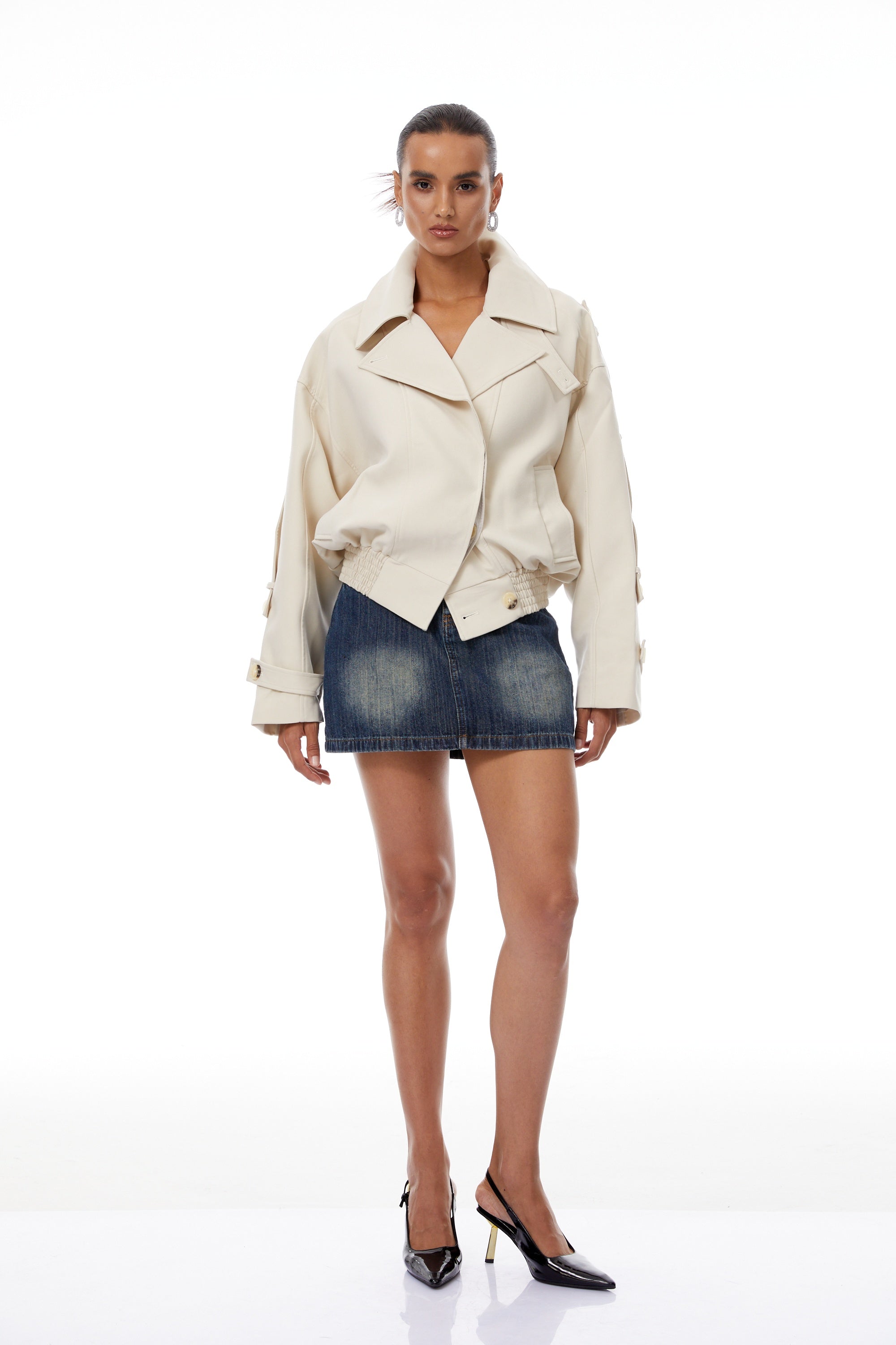Panna Neutral Smocked Hem Biker Jacket