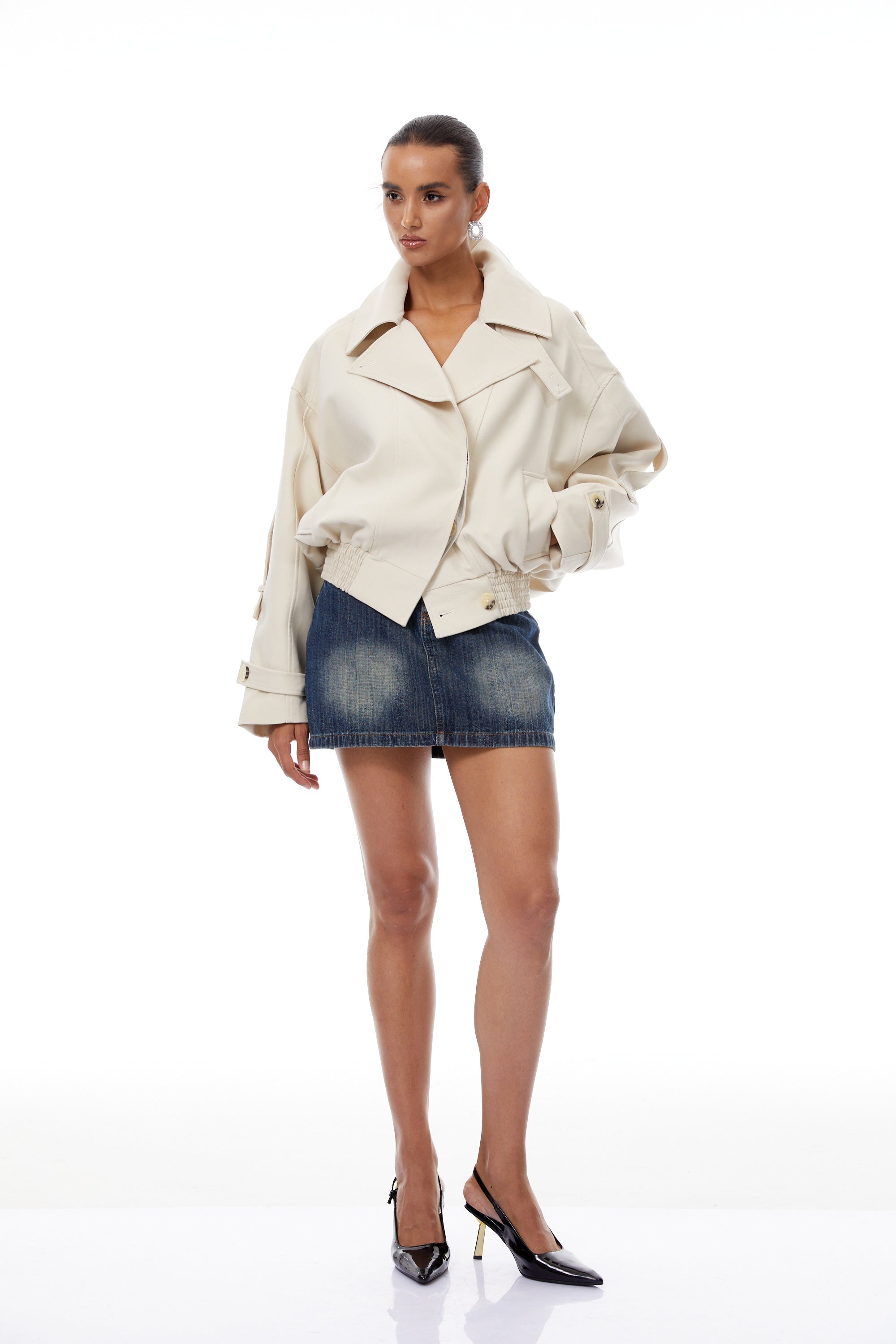 Panna Neutral Smocked Hem Biker Jacket