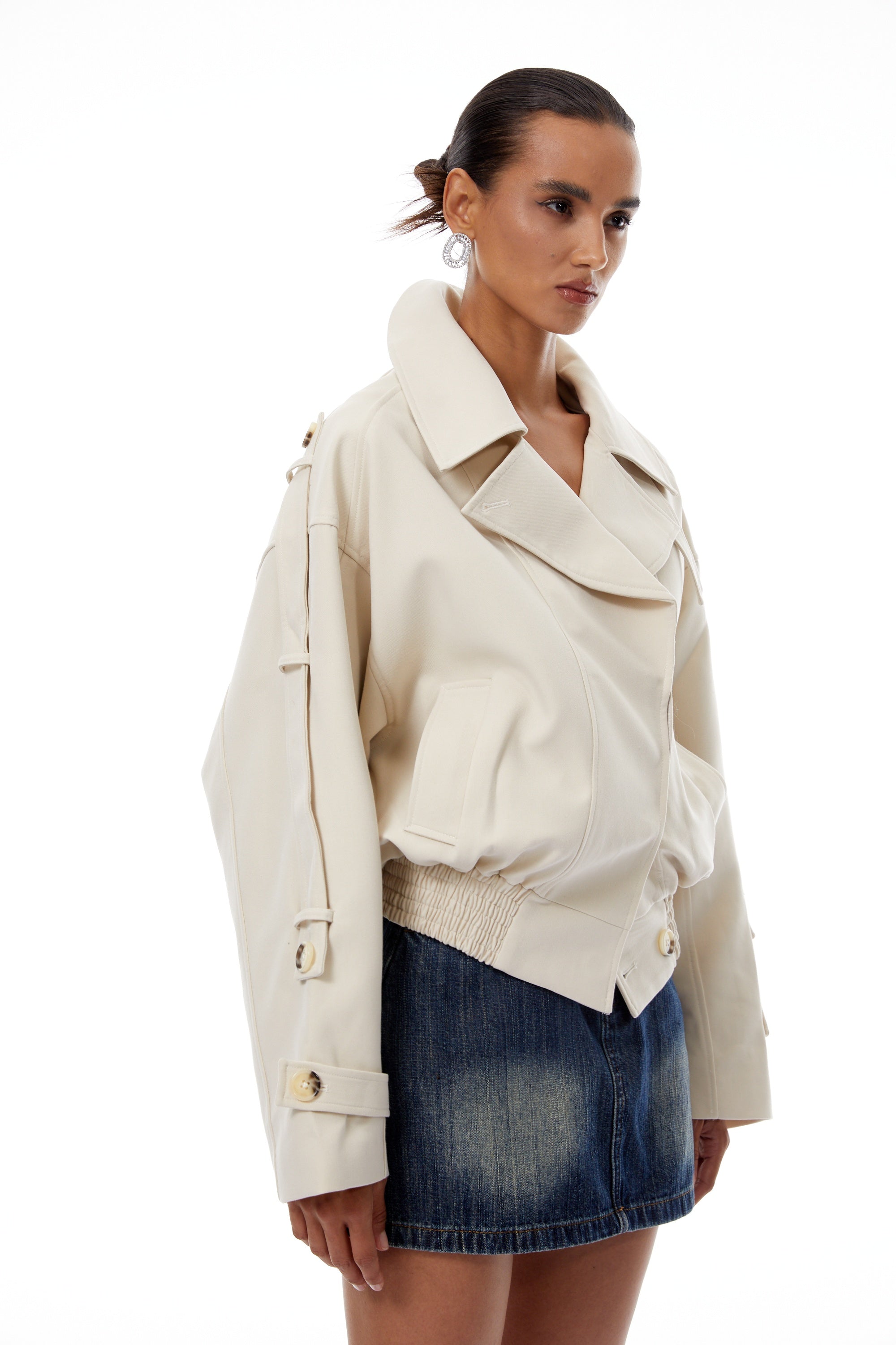 Panna Neutral Smocked Hem Biker Jacket