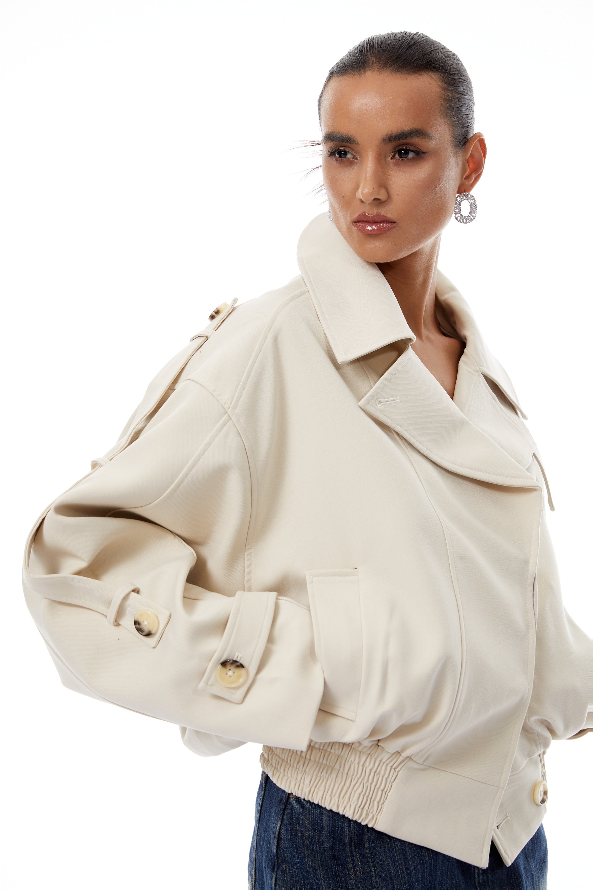 Panna Neutral Smocked Hem Biker Jacket