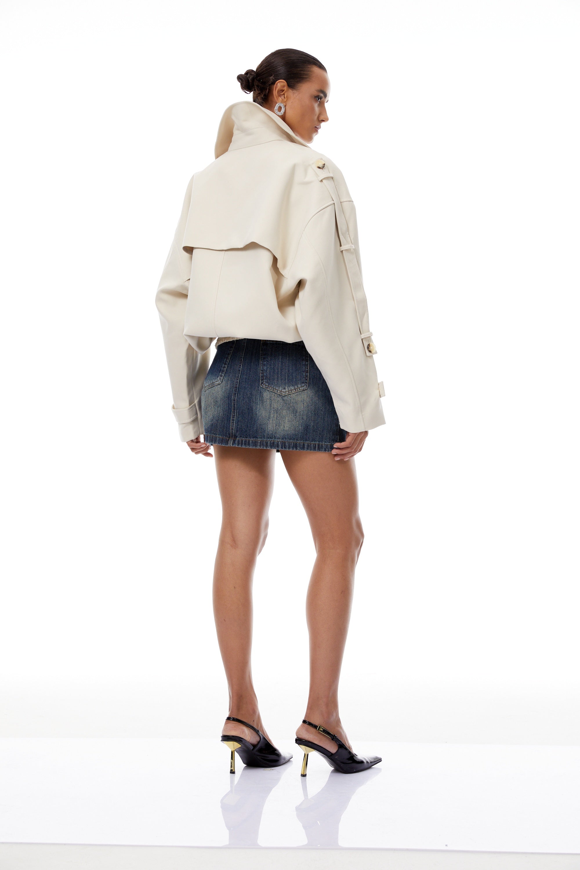 Panna Neutral Smocked Hem Biker Jacket
