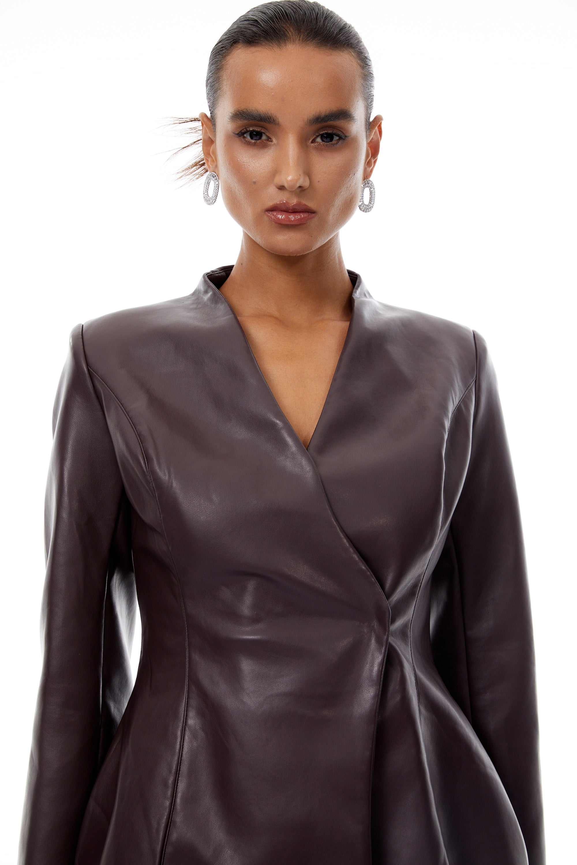 Solange Brown Leather Mini Blazer Dress