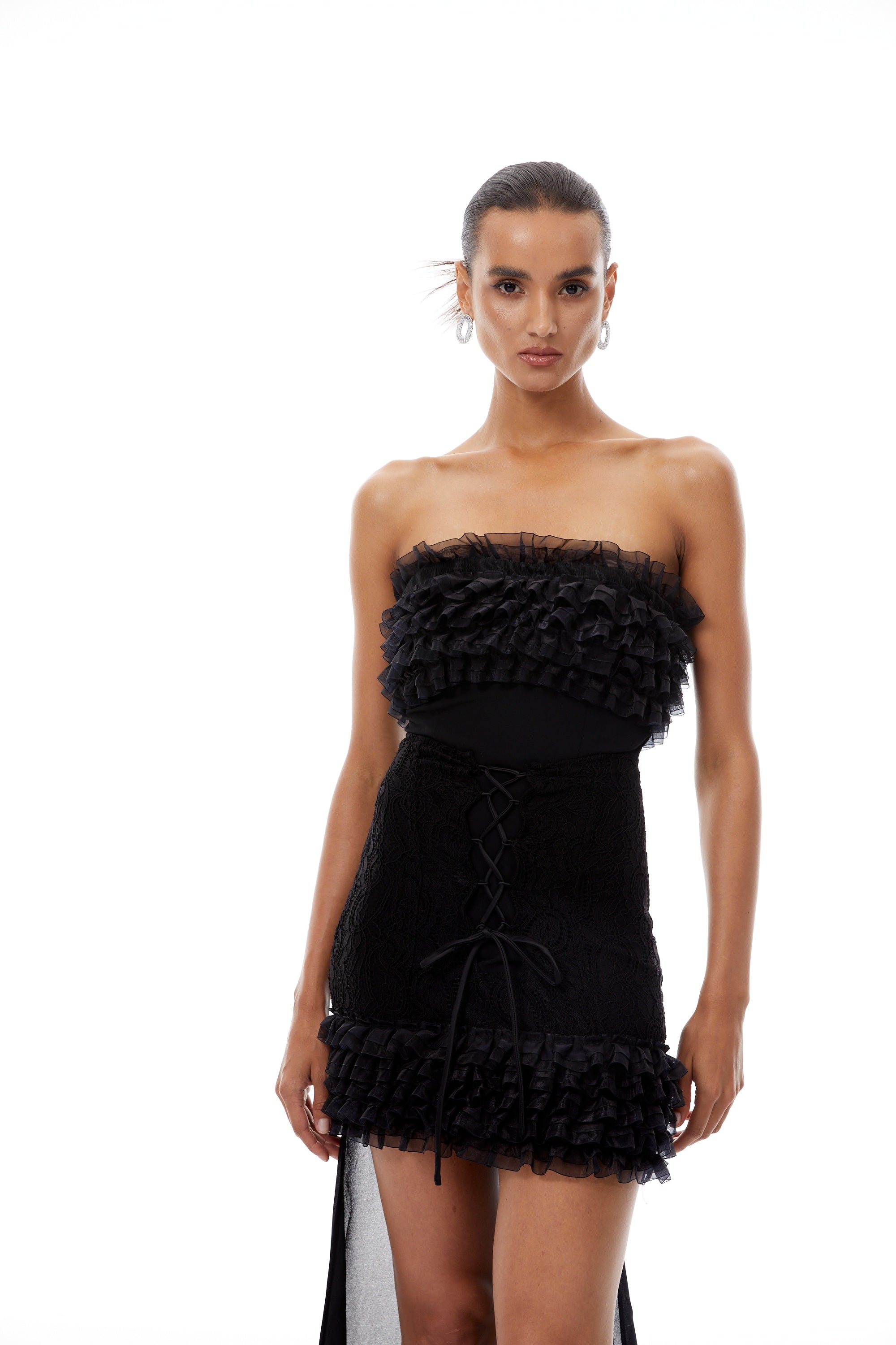Briseis Black Train Ruffled Mini Dress (Final Sale)