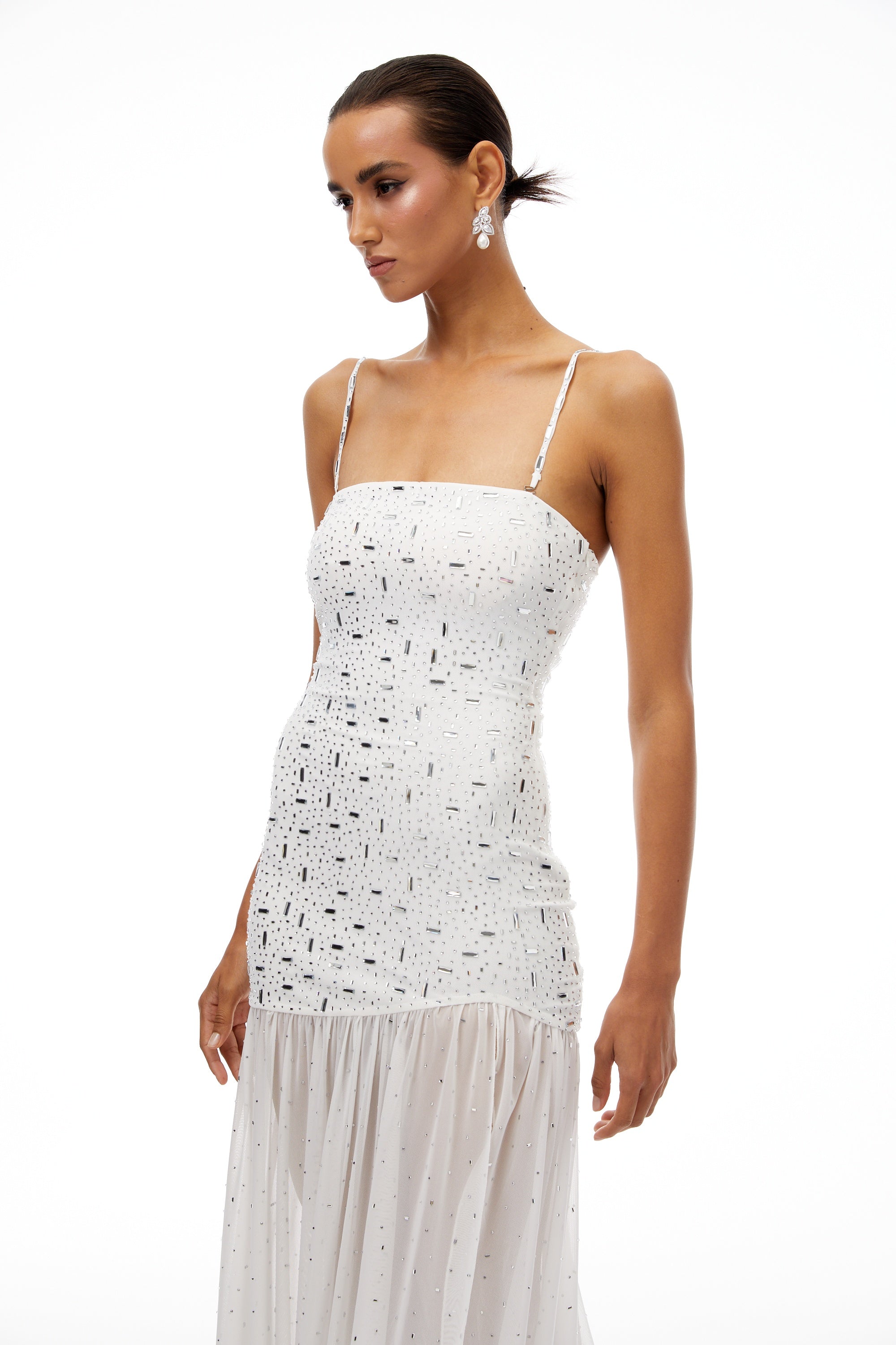 Apollonia Weißes Strass-Maxikleid mit asymmetrischem Muster