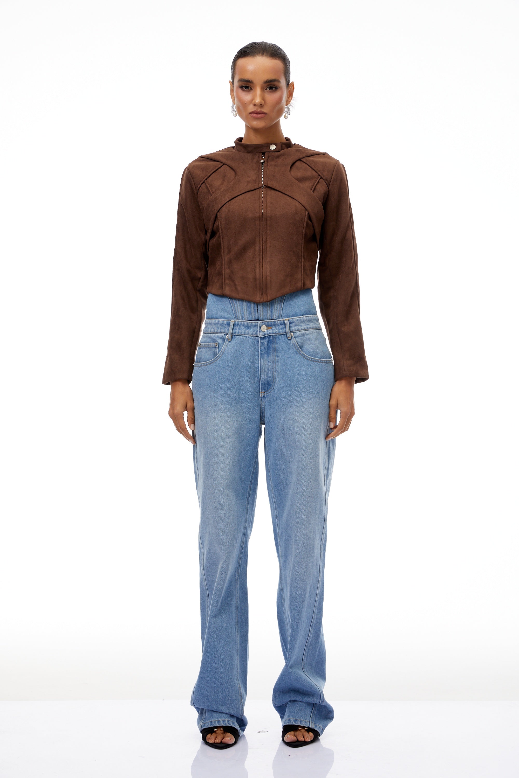 Honorine Brown Suede Crop Biker Jacket