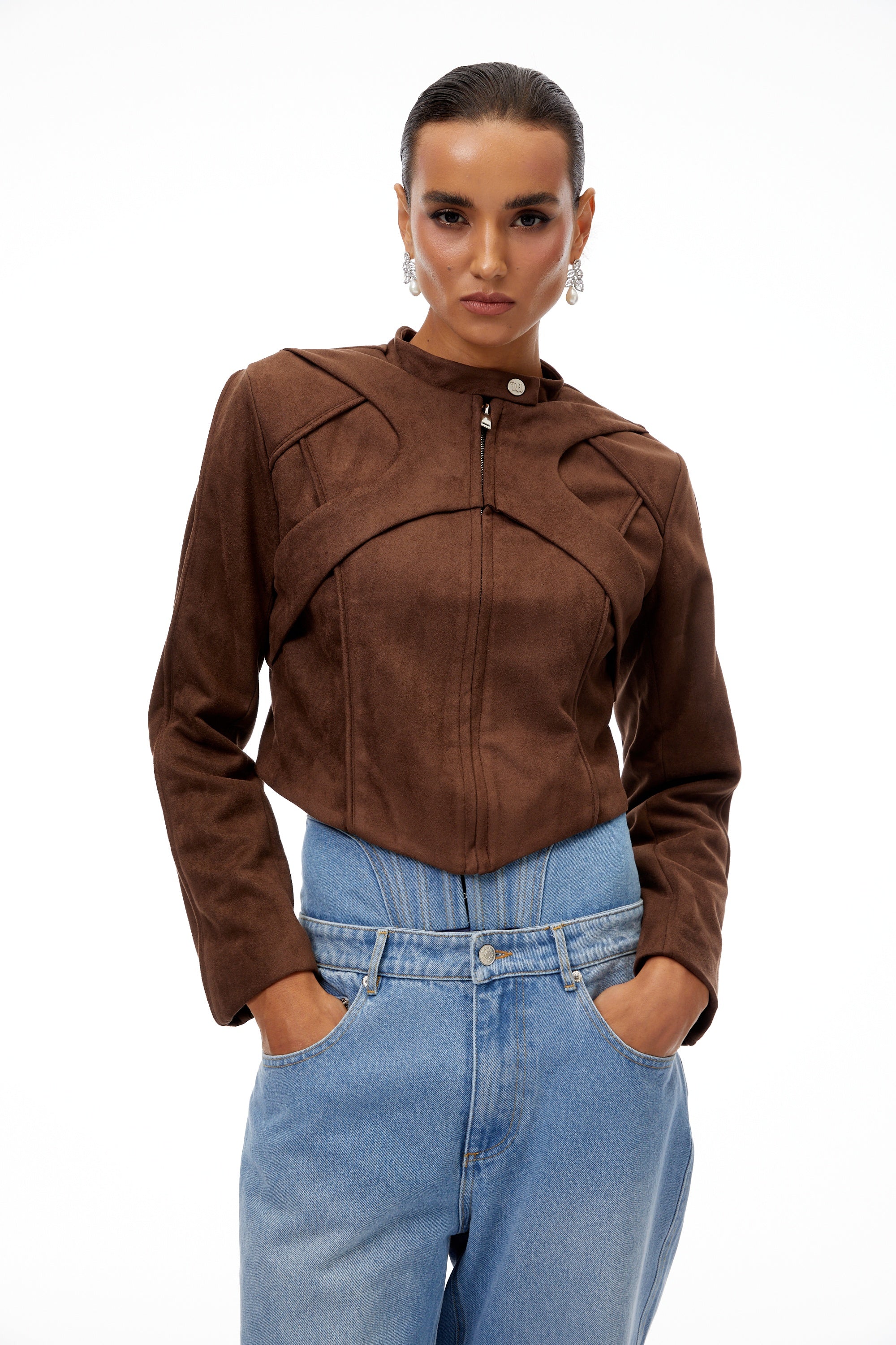 Honorine Brown Suede Crop Biker Jacket