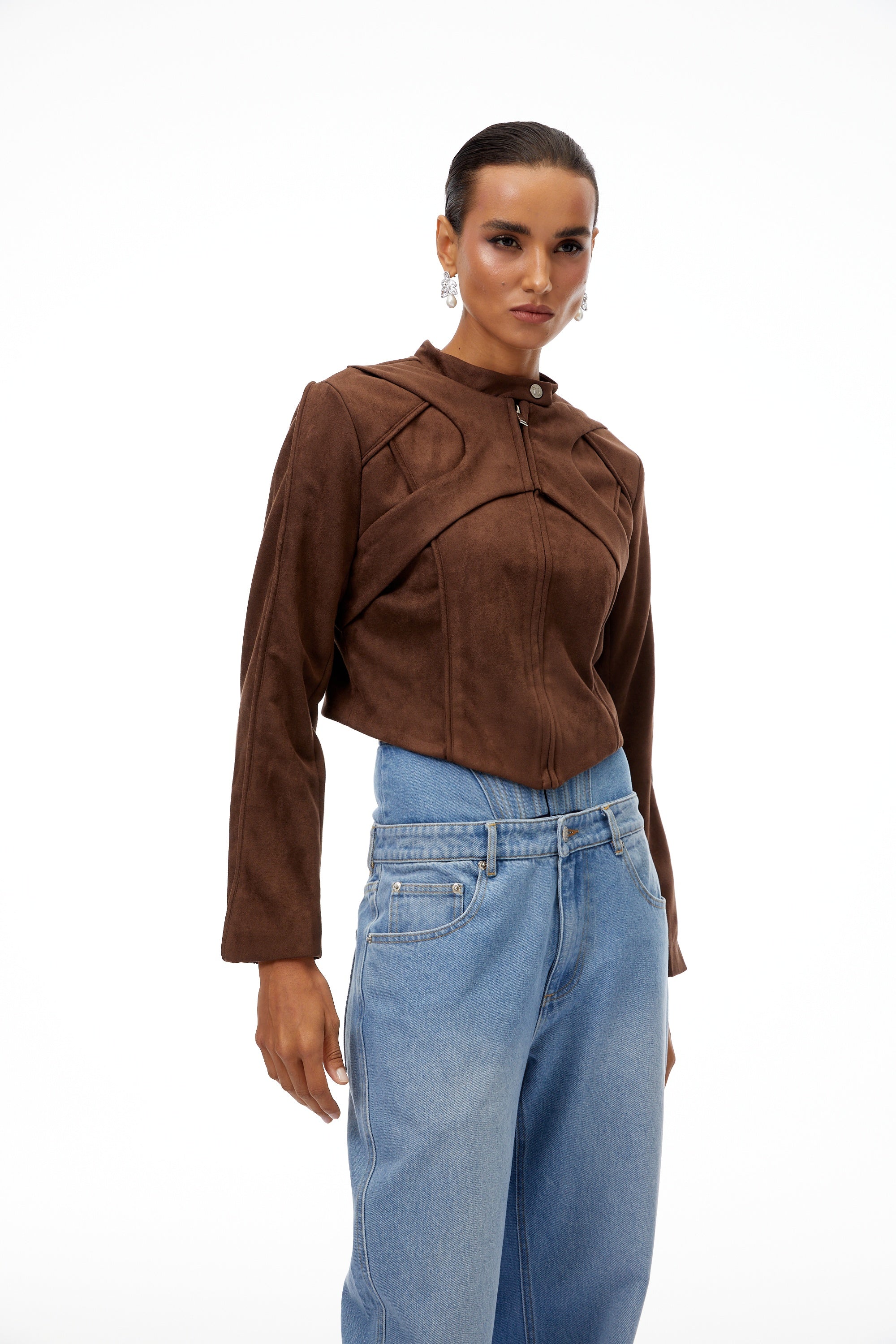 Honorine Brown Suede Crop Biker Jacket