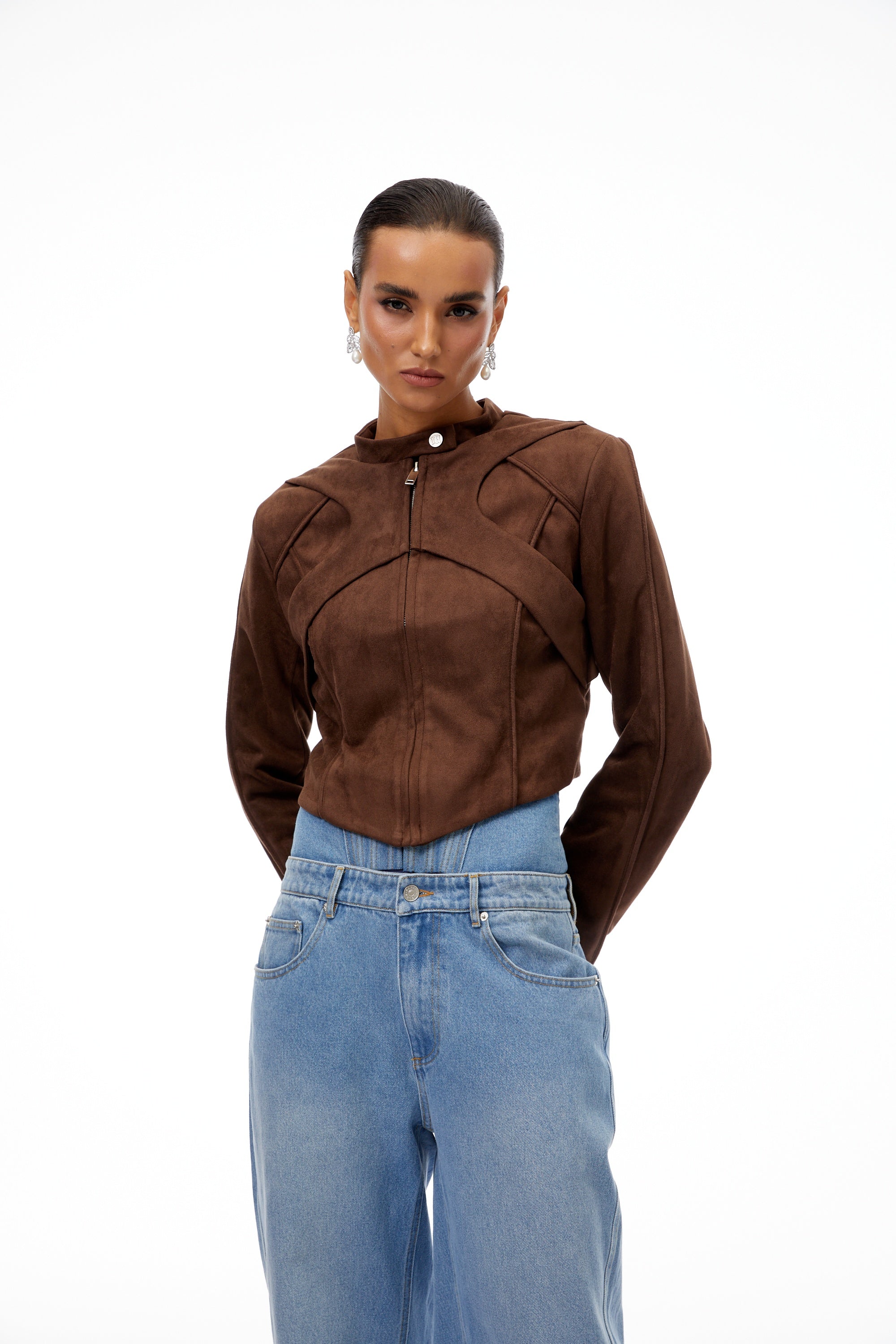 Honorine Brown Suede Crop Biker Jacket