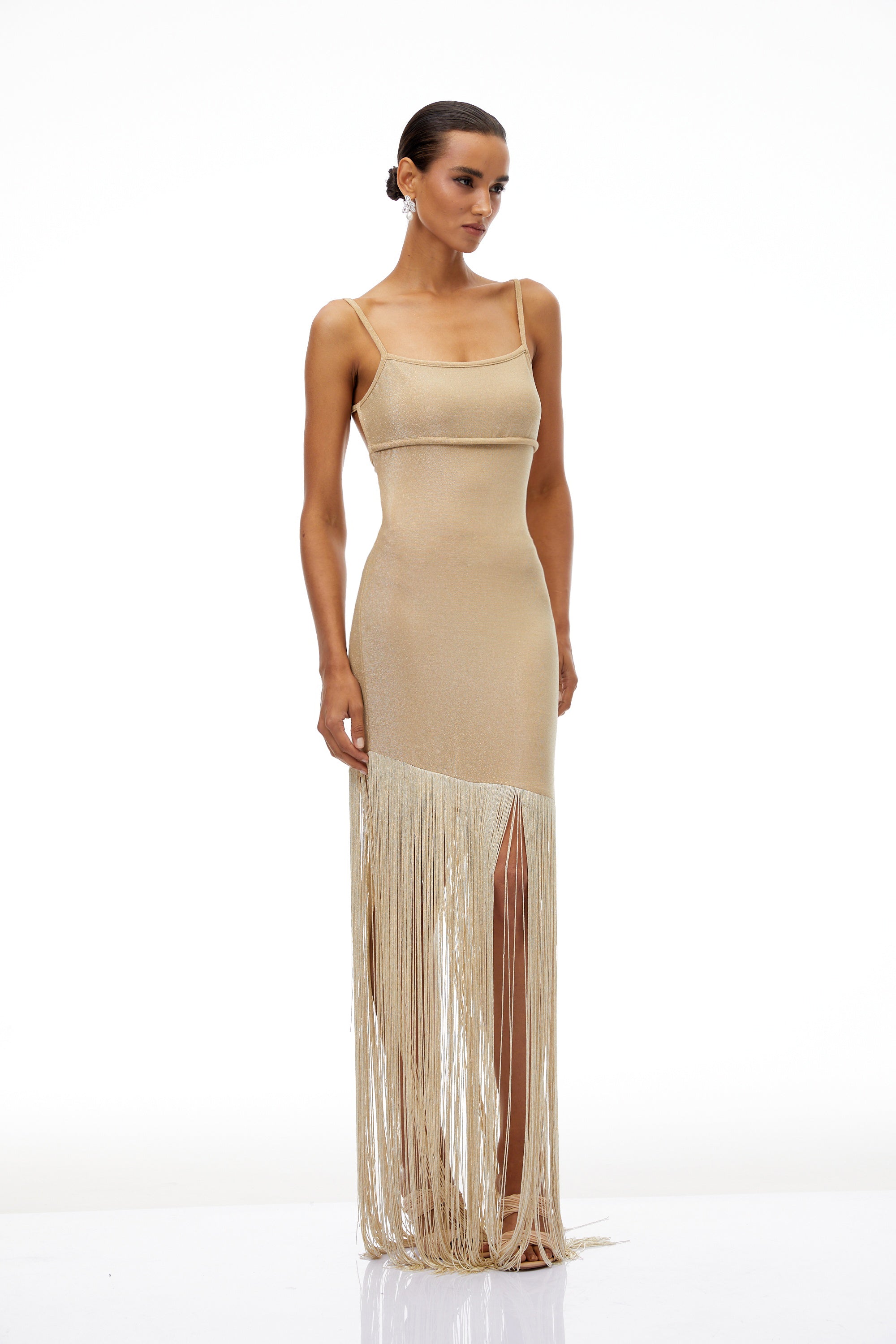 Cătălina Khaki Fringed Knit Maxi Dress
