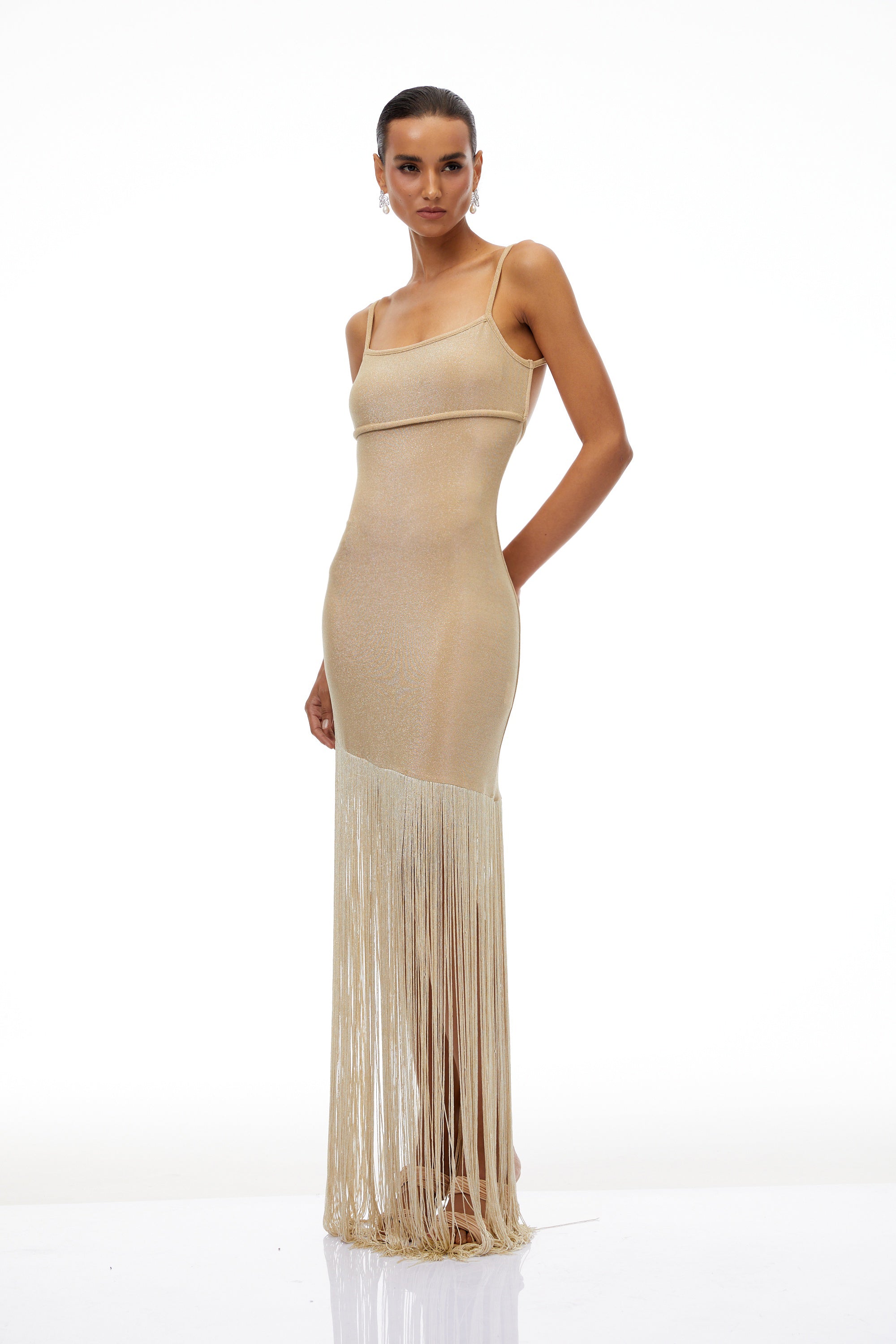 Cătălina Khaki Fringed Knit Maxi Dress