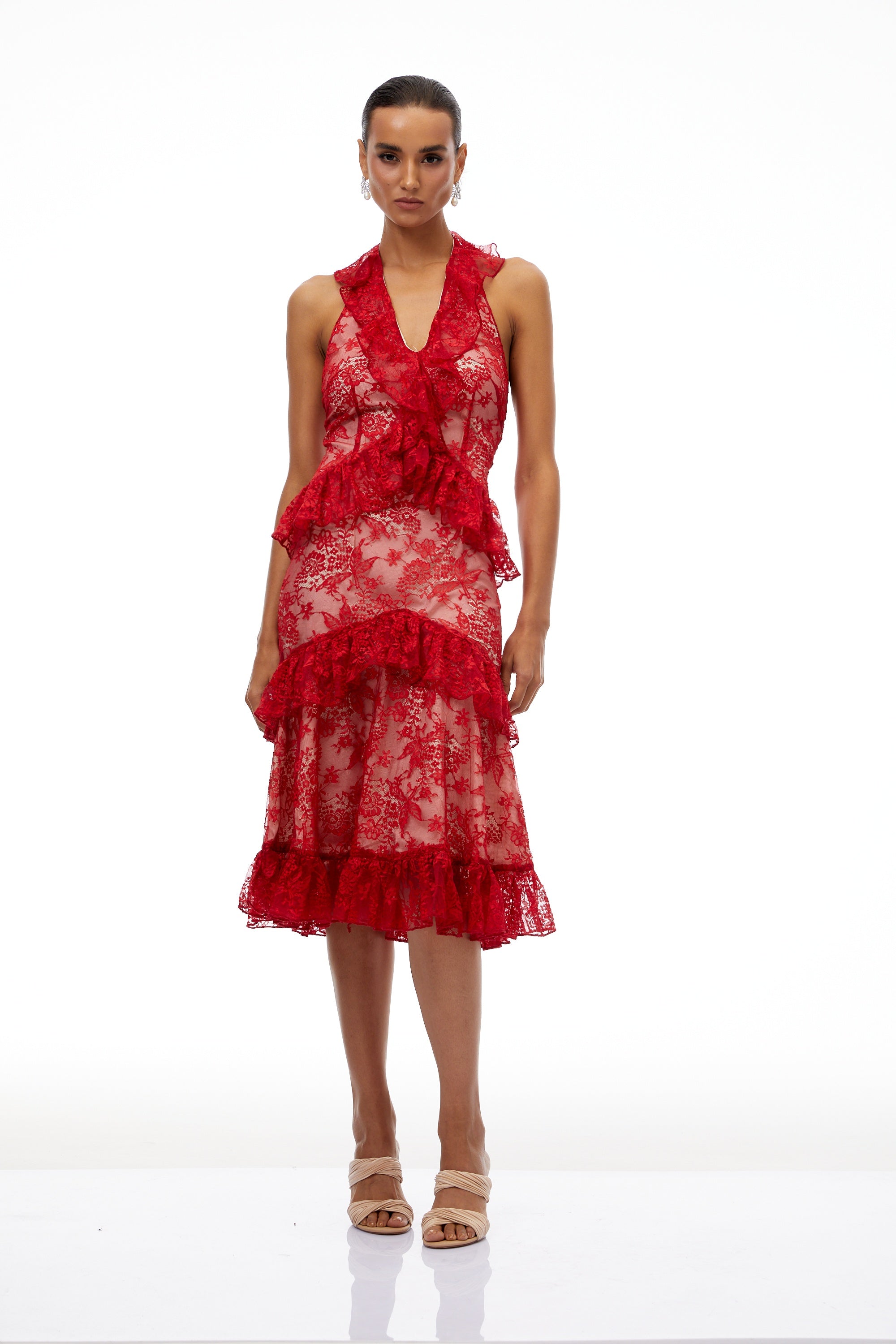 Wilhemine Red Ruffled Floral Lace Midi Dress