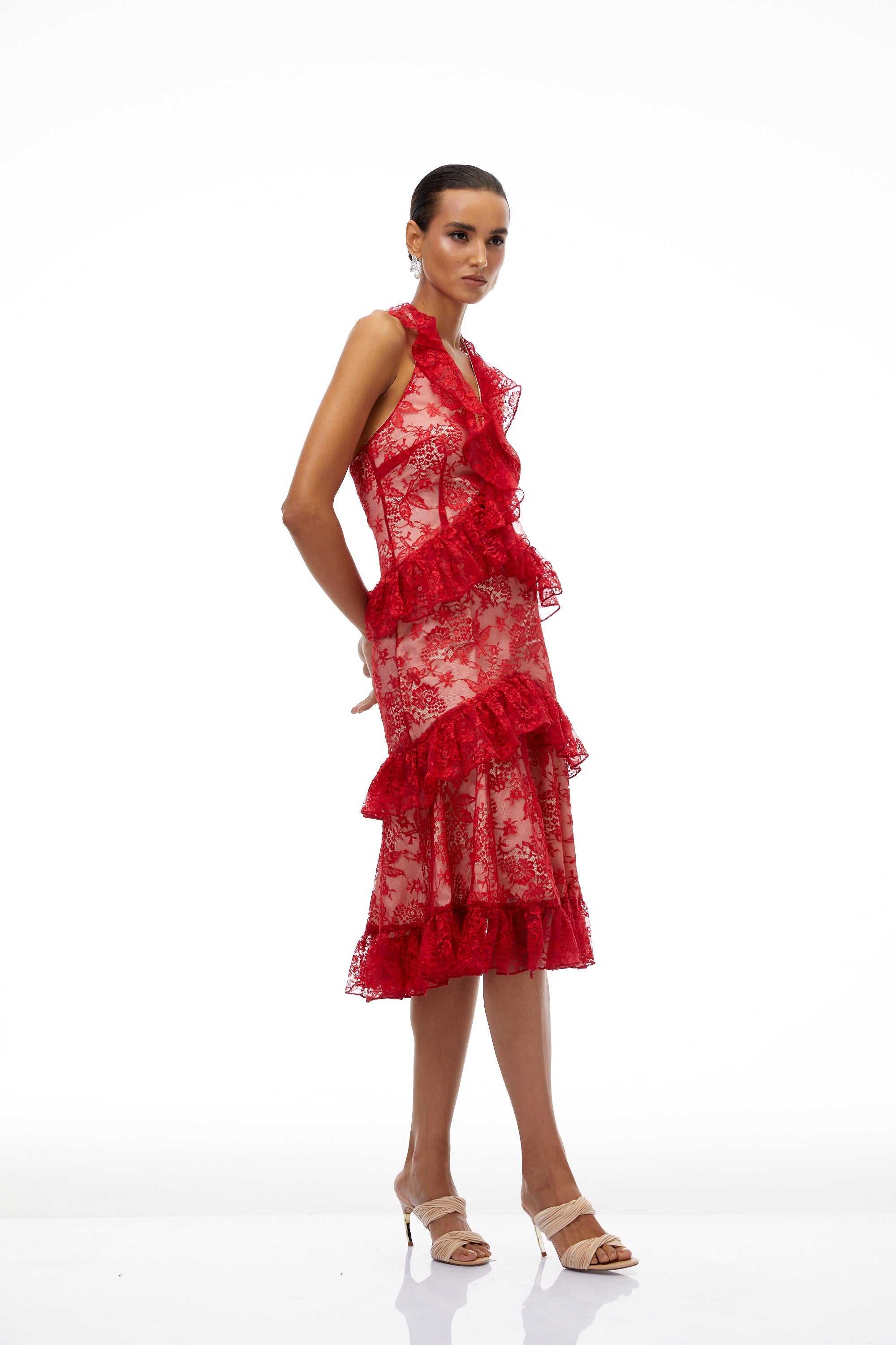 Wilhemine Red Ruffled Floral Lace Midi Dress