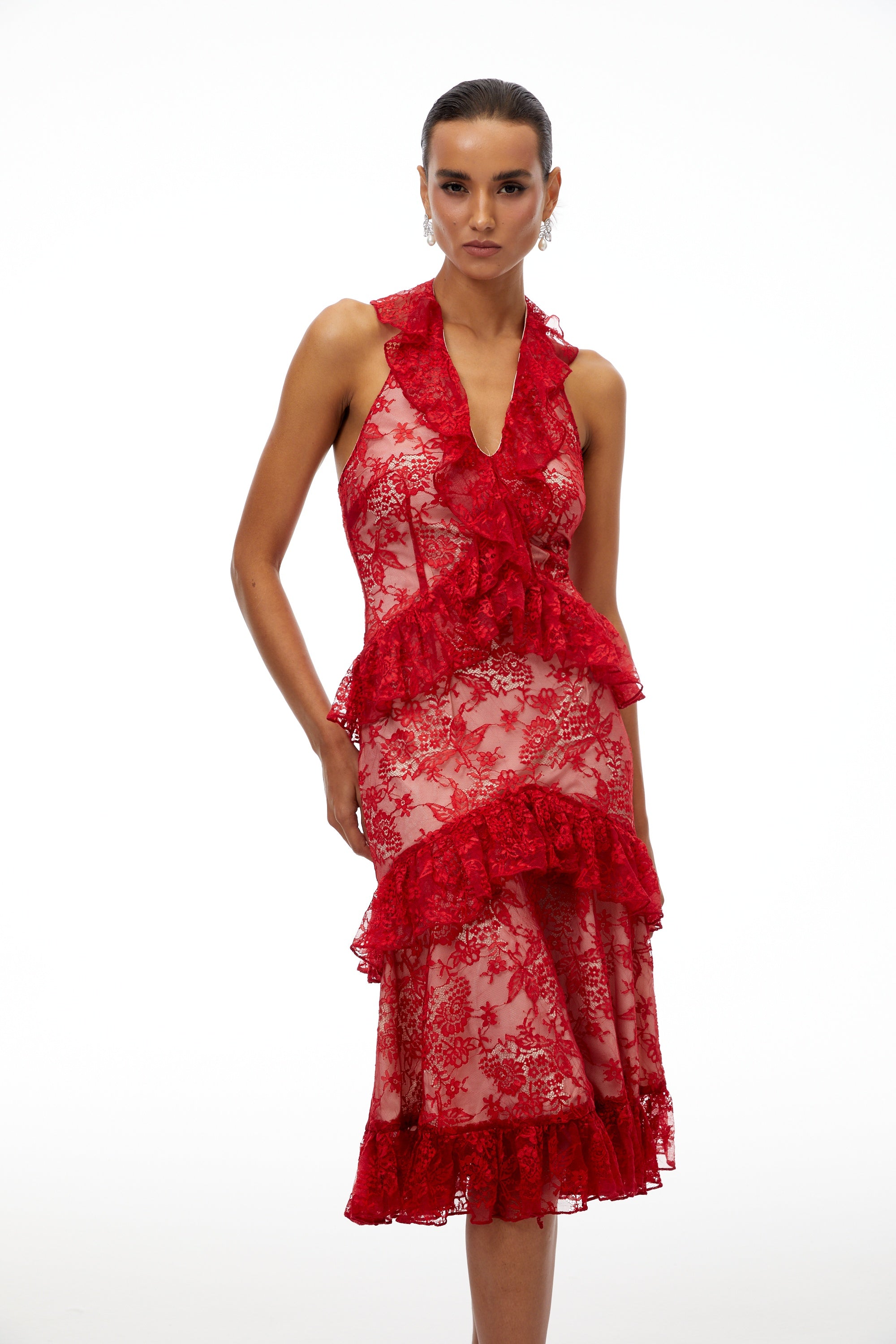 Wilhemine Red Ruffled Floral Lace Midi Dress