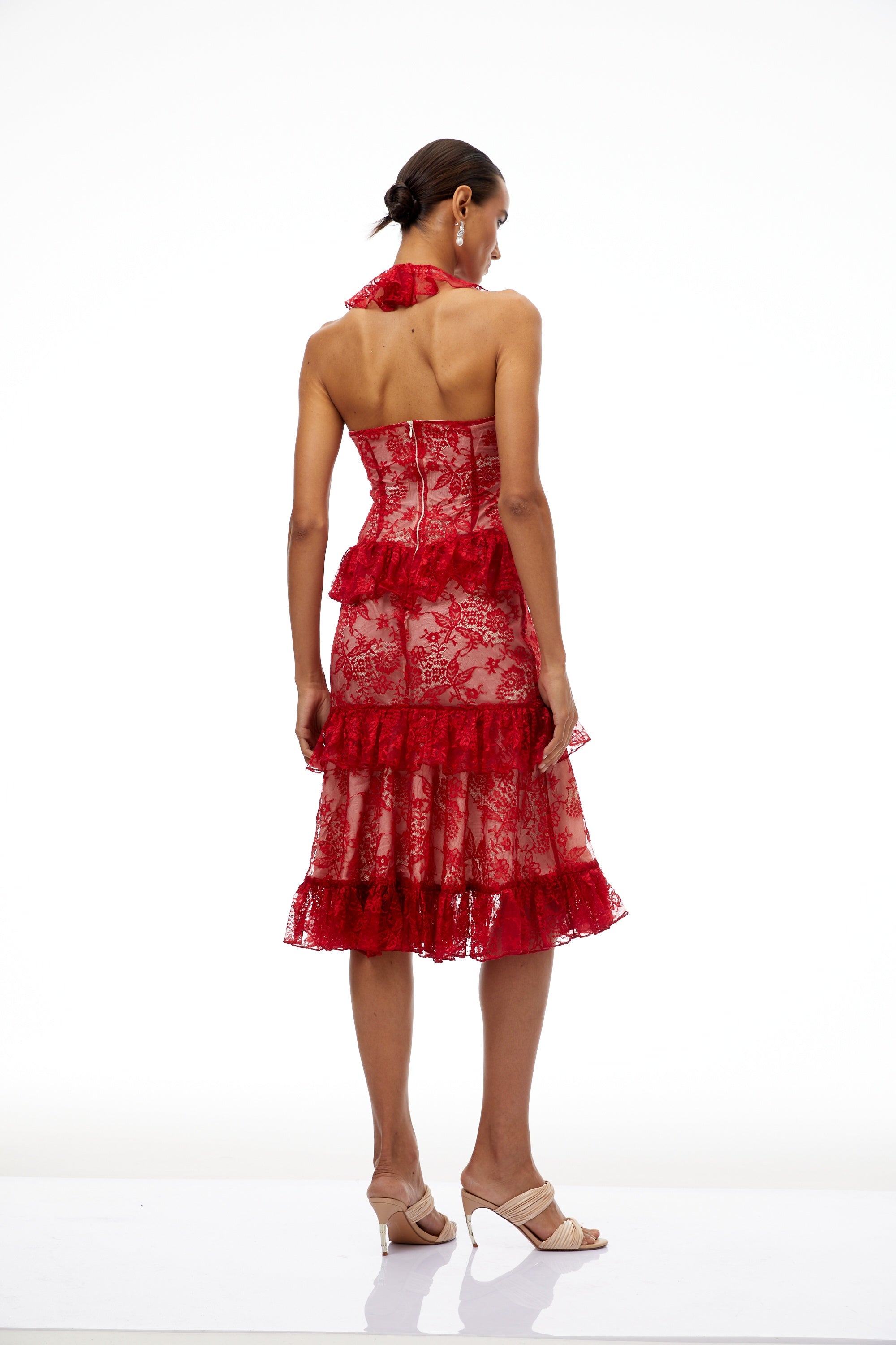 Wilhemine Red Ruffled Floral Lace Midi Dress