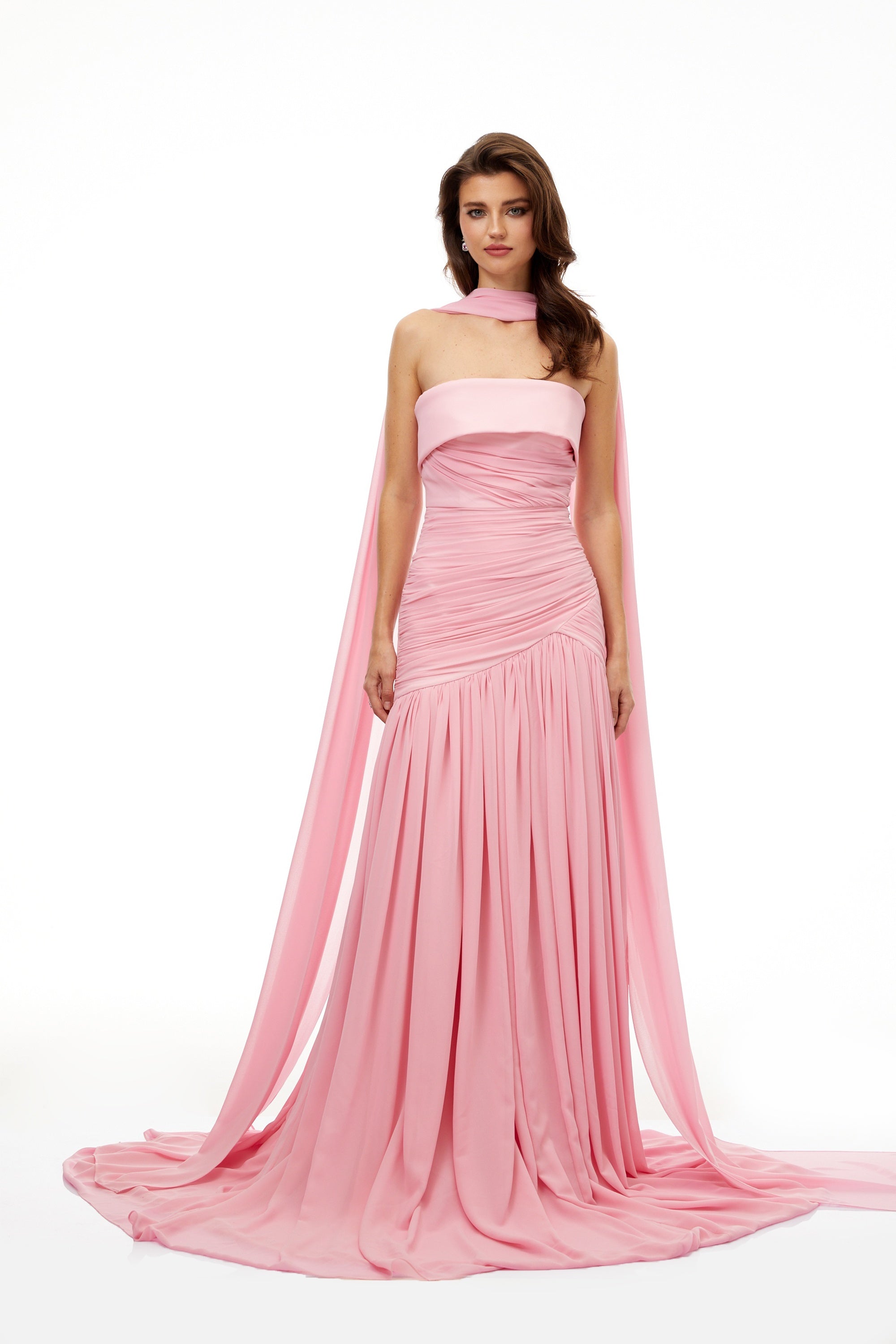 Laetitia Pink Pleated Train Ruched Maxi Dress