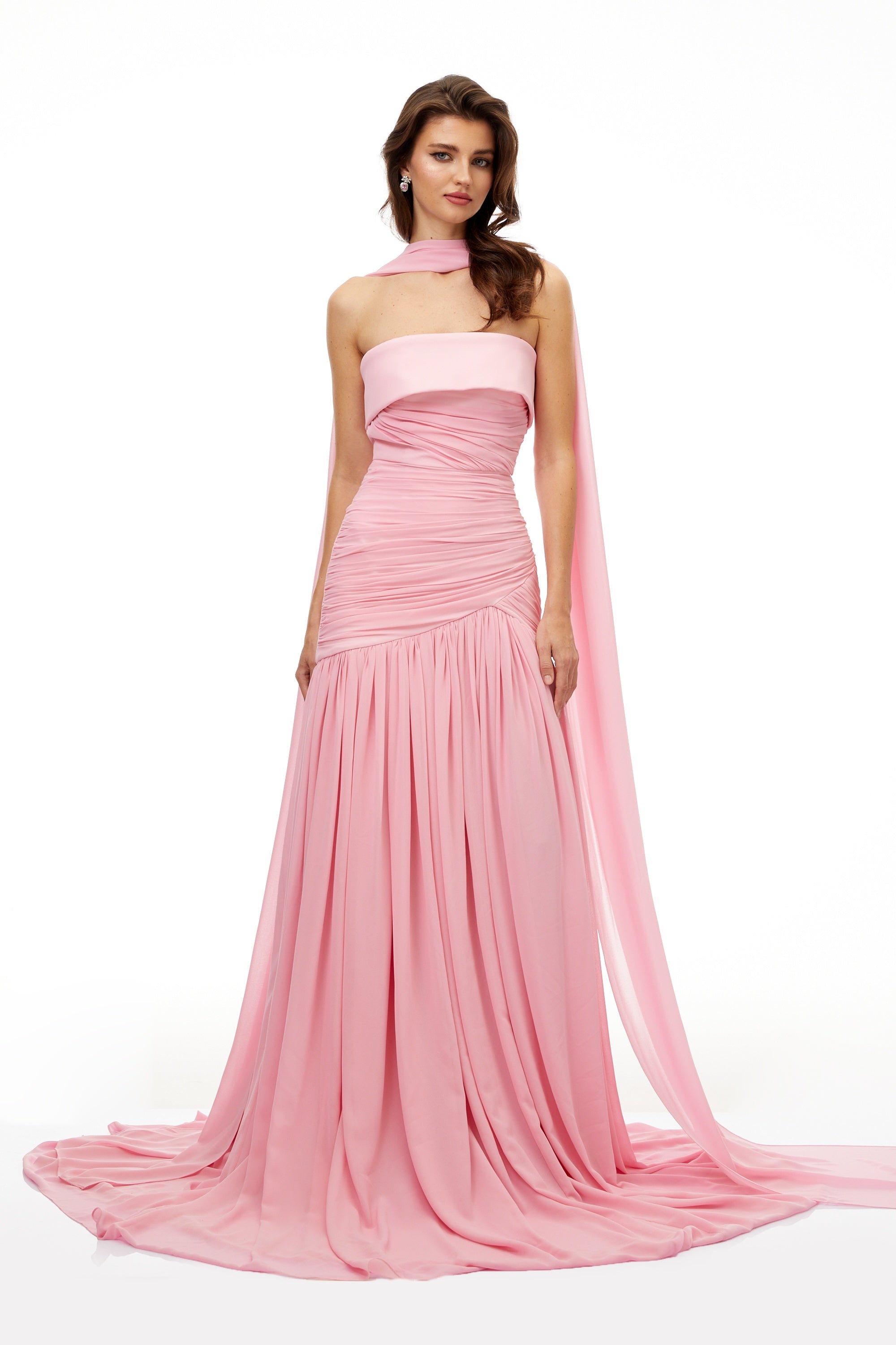 Laetitia Pink Pleated Train Ruched Maxi Dress