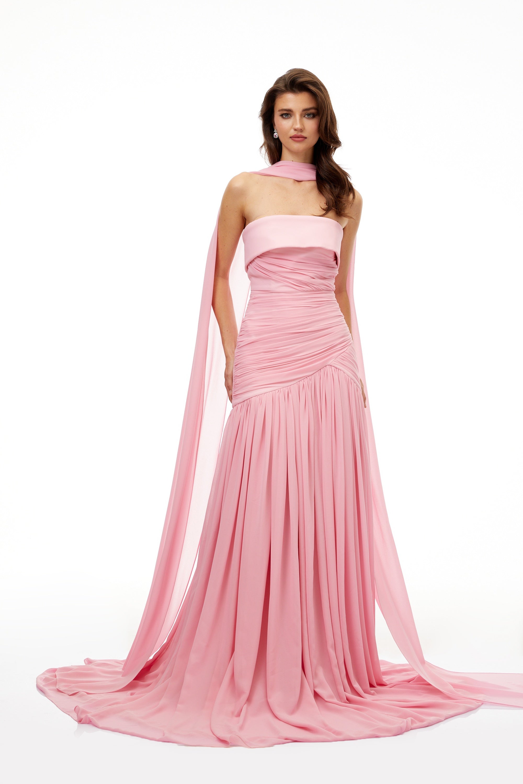 Laetitia Pink Pleated Train Ruched Maxi Dress