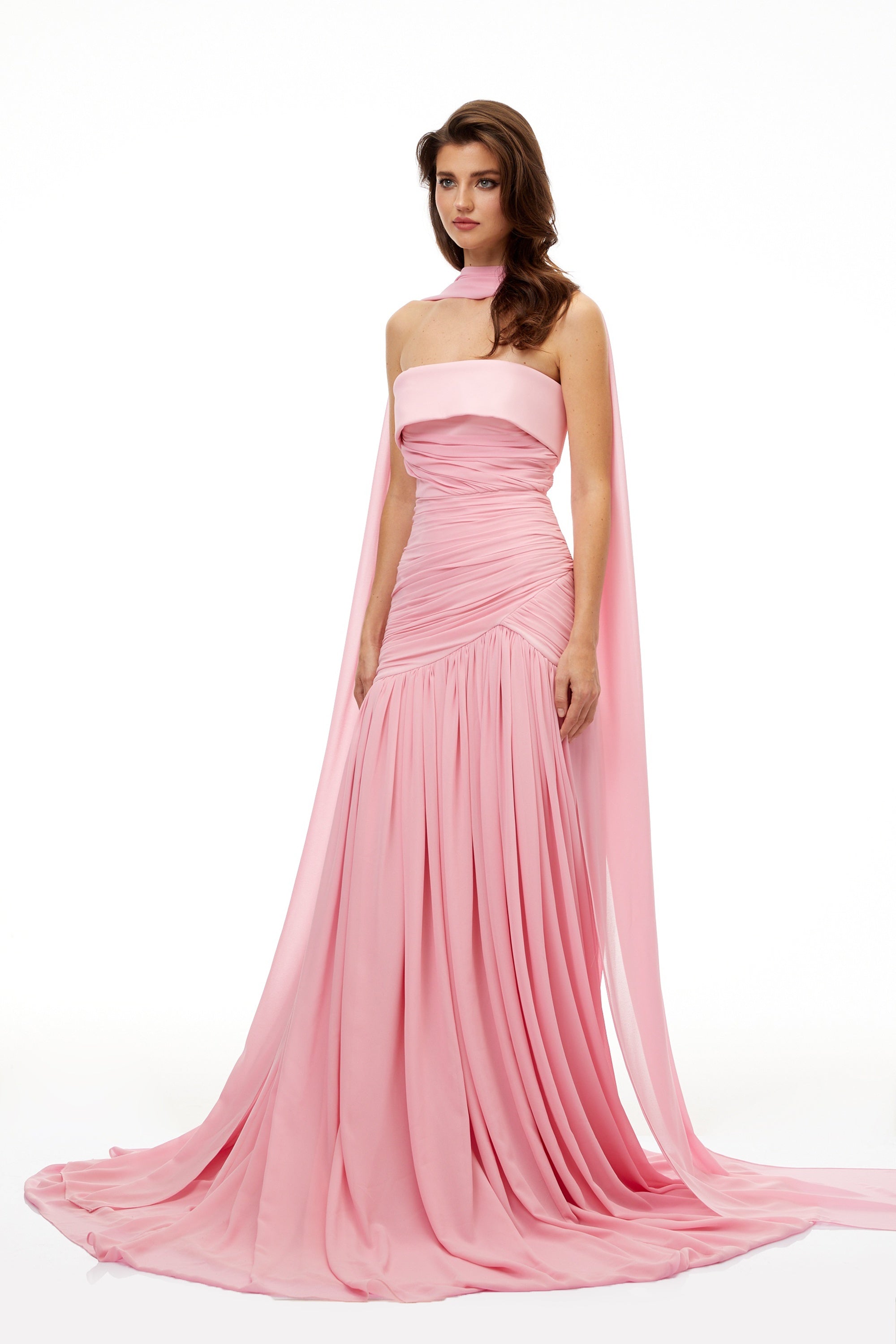 Laetitia Pink Pleated Train Ruched Maxi Dress