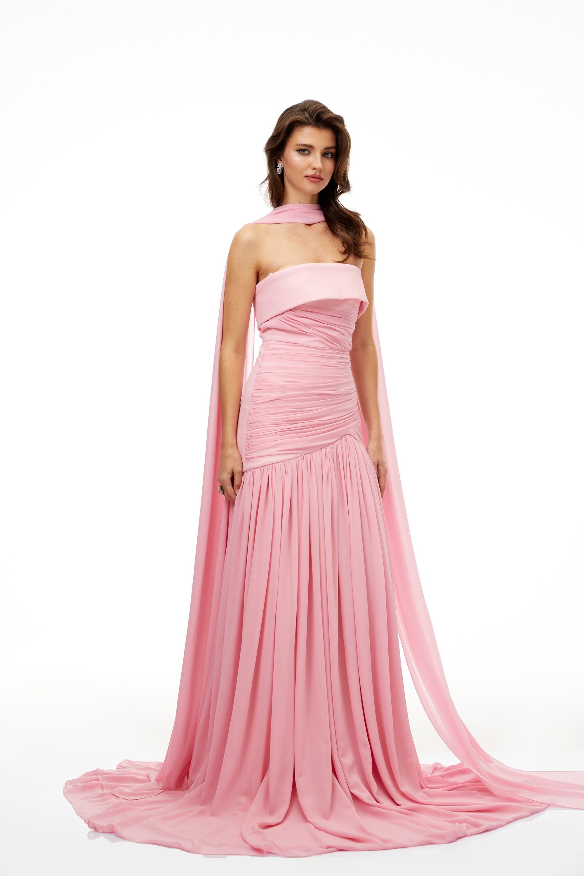 Laetitia Pink Pleated Train Ruched Maxi Dress