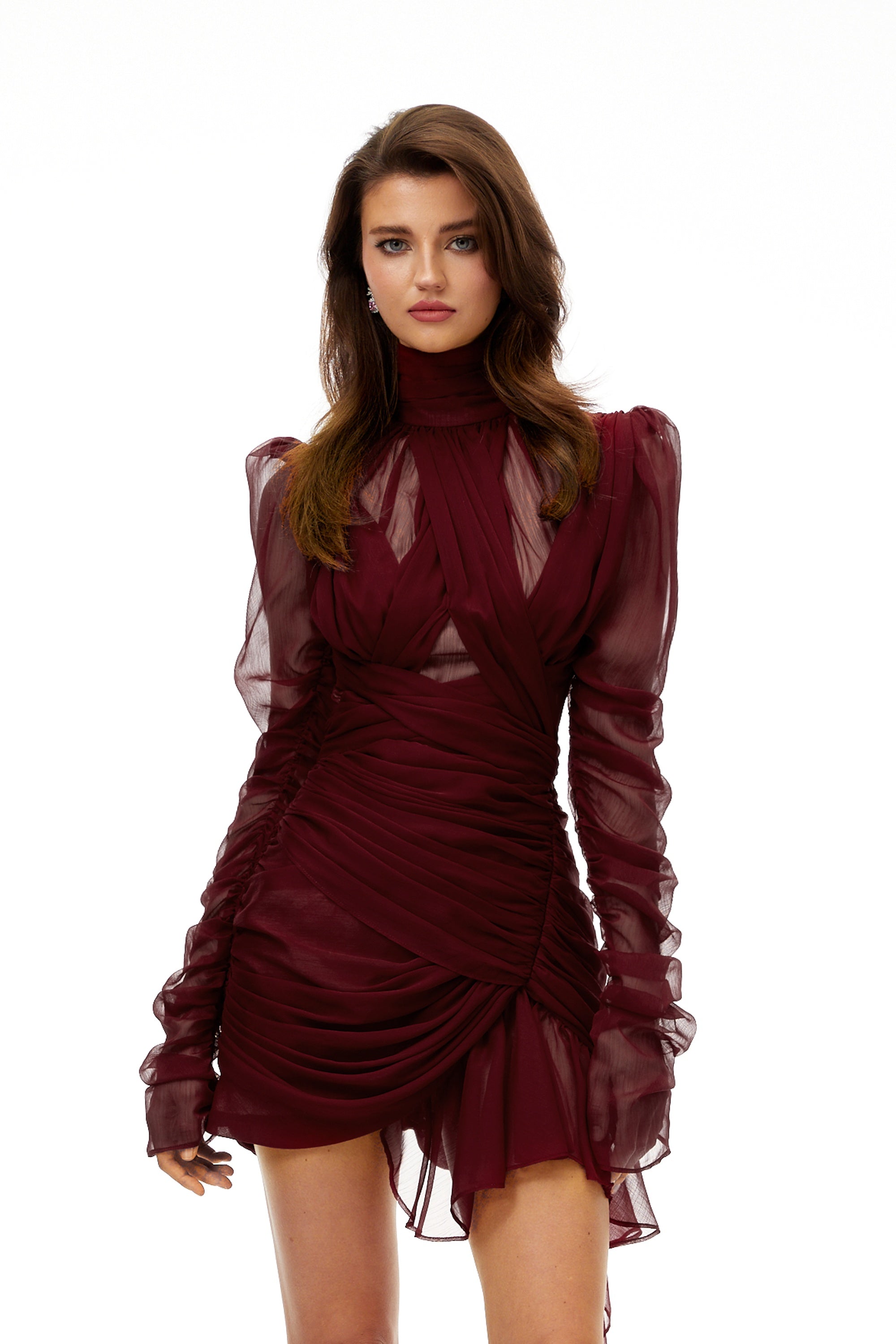 Théa Burgundfarbenes, asymmetrisches, gerafftes Minikleid